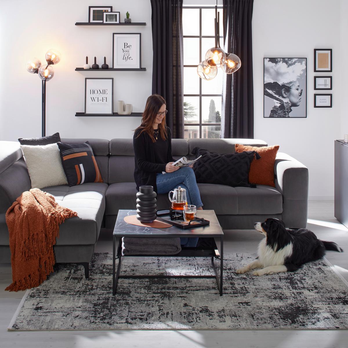 Wohnlandschaft Emma links Grau - Schwarz/Grau, MODERN, Textil (210/47/301cm) - Premium Living