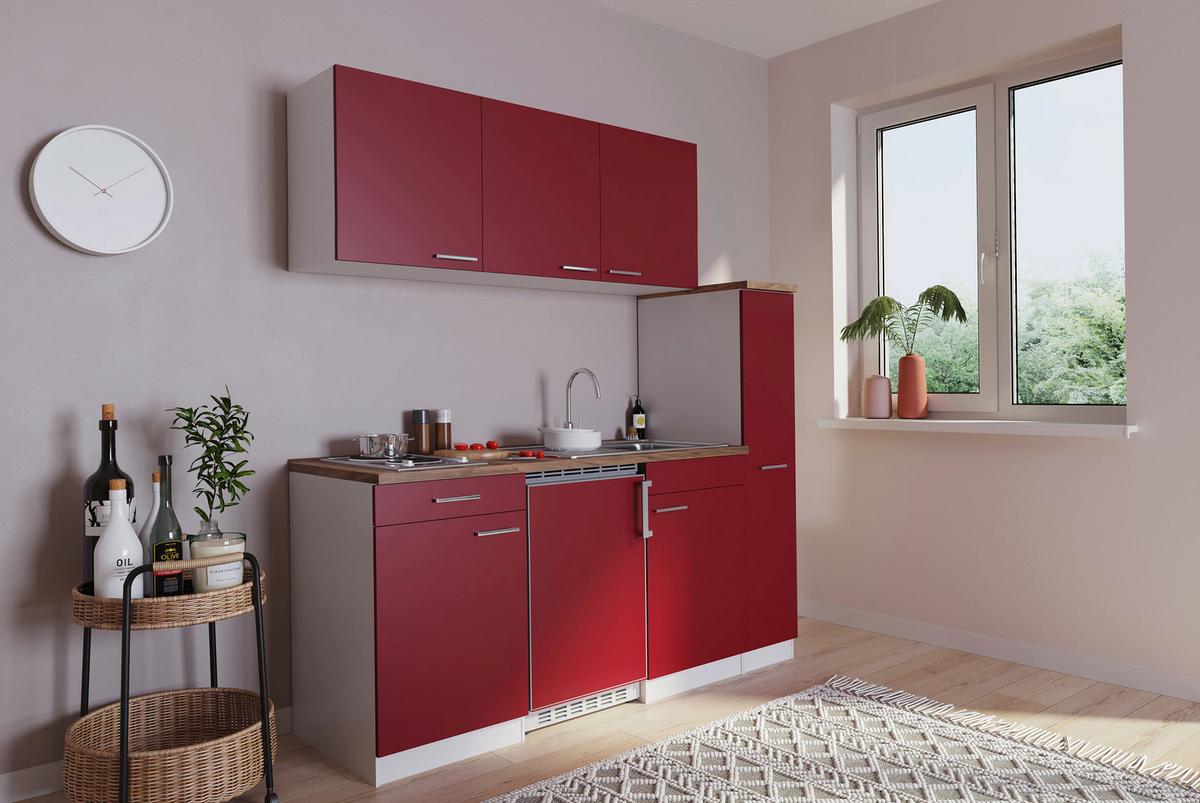 Küchenzeile Economy m. Geräte Rot B: ca. 180 cm - Rot/Nussbaumfarben, Basics, Holzwerkstoff/Kunststoff (180cm) - Respekta