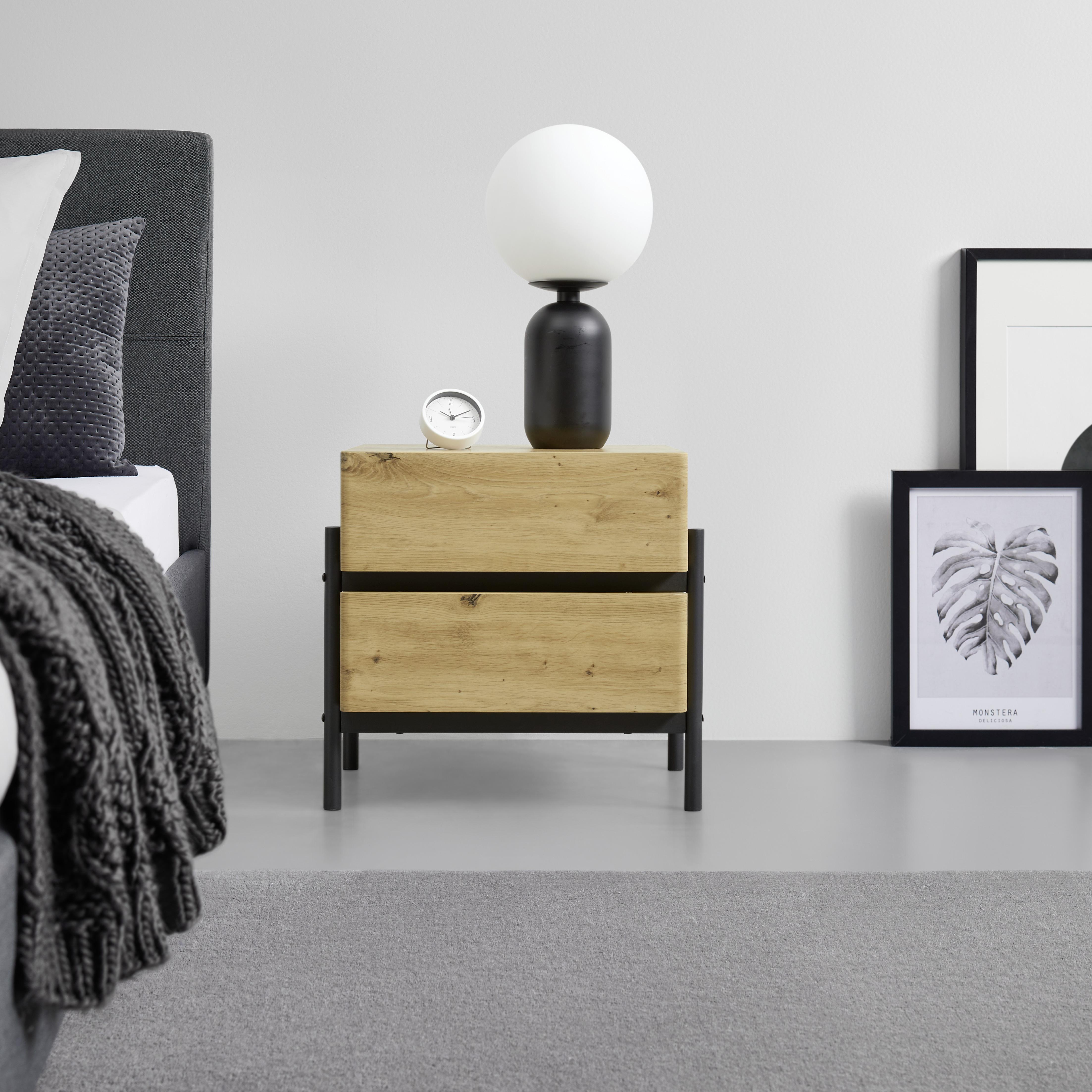 Nachtkästchen "Jasmina", eichefarben/schwarz - Eichefarben/Schwarz, MODERN, Holz/Metall (53/41,5/50cm) - Bessagi Home