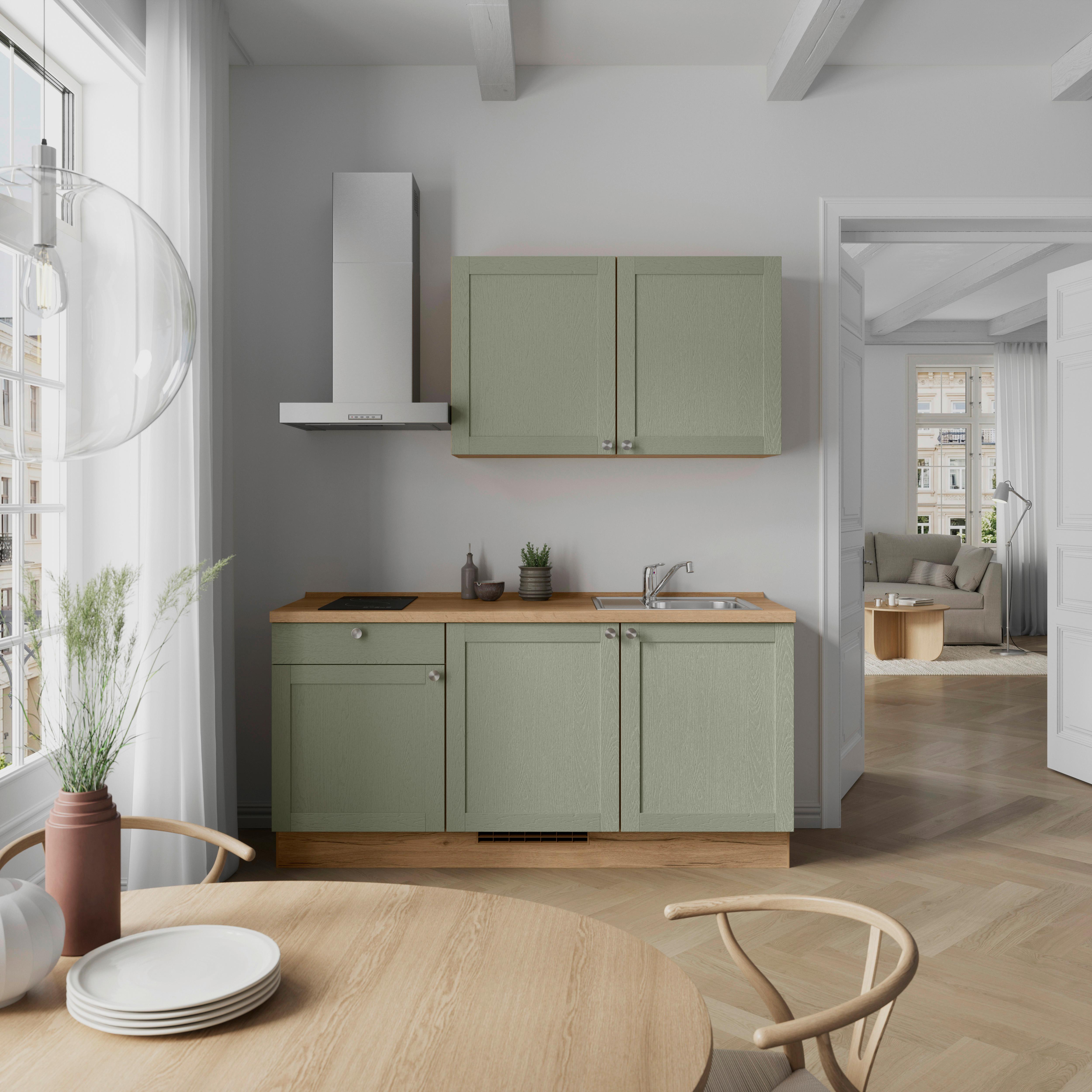 Küchenleerblock Frame Low o. Geräte Olivgrün - Edelstahlfarben/Eichefarben, MODERN, Holzwerkstoff/Metall (180cm) - Nobilia