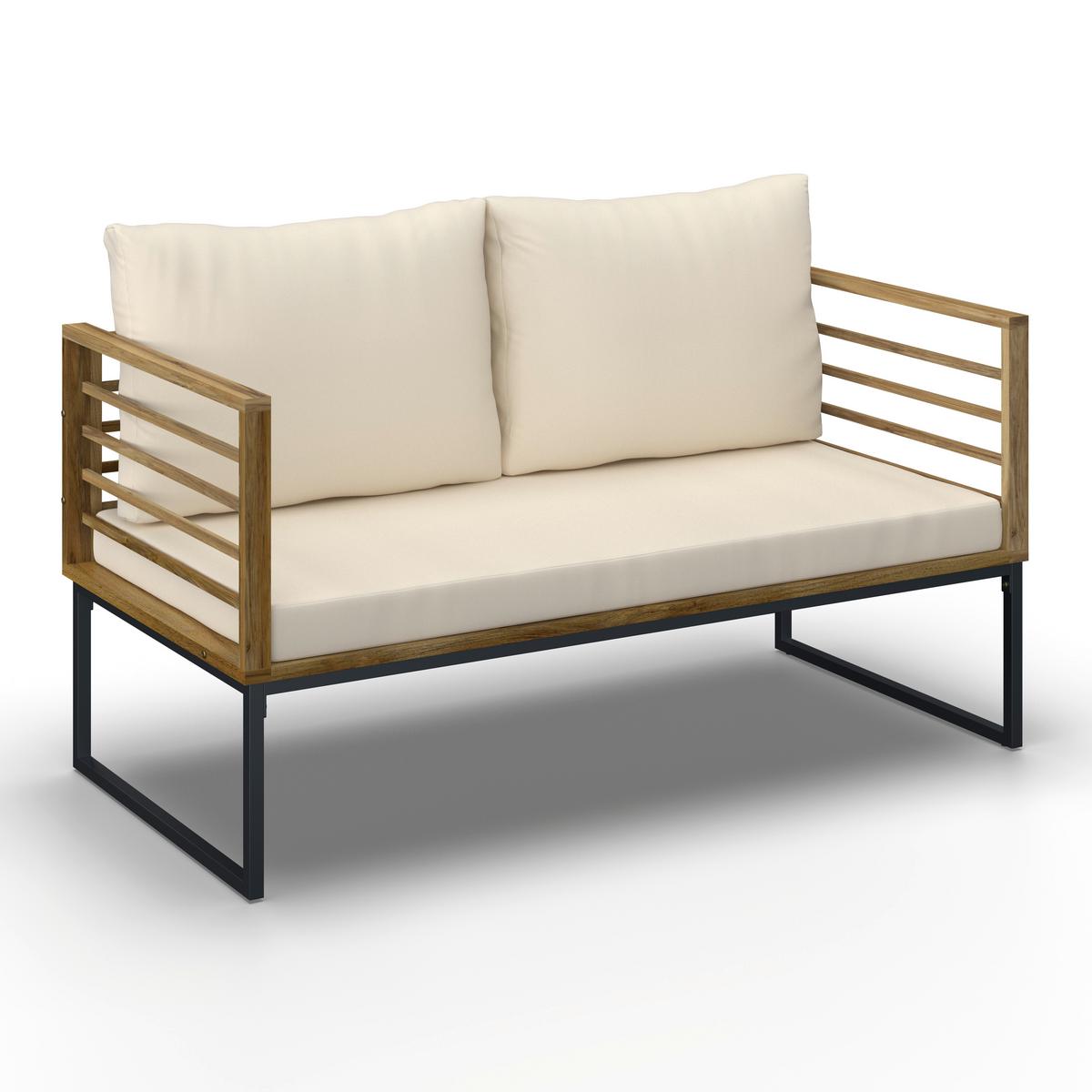 Loungegarnitur Silas Creme Holz/Textil/Metall - Creme/Akaziefarben, Modern, Holz/Textil (130/85/80cm) - Bessagi Garden