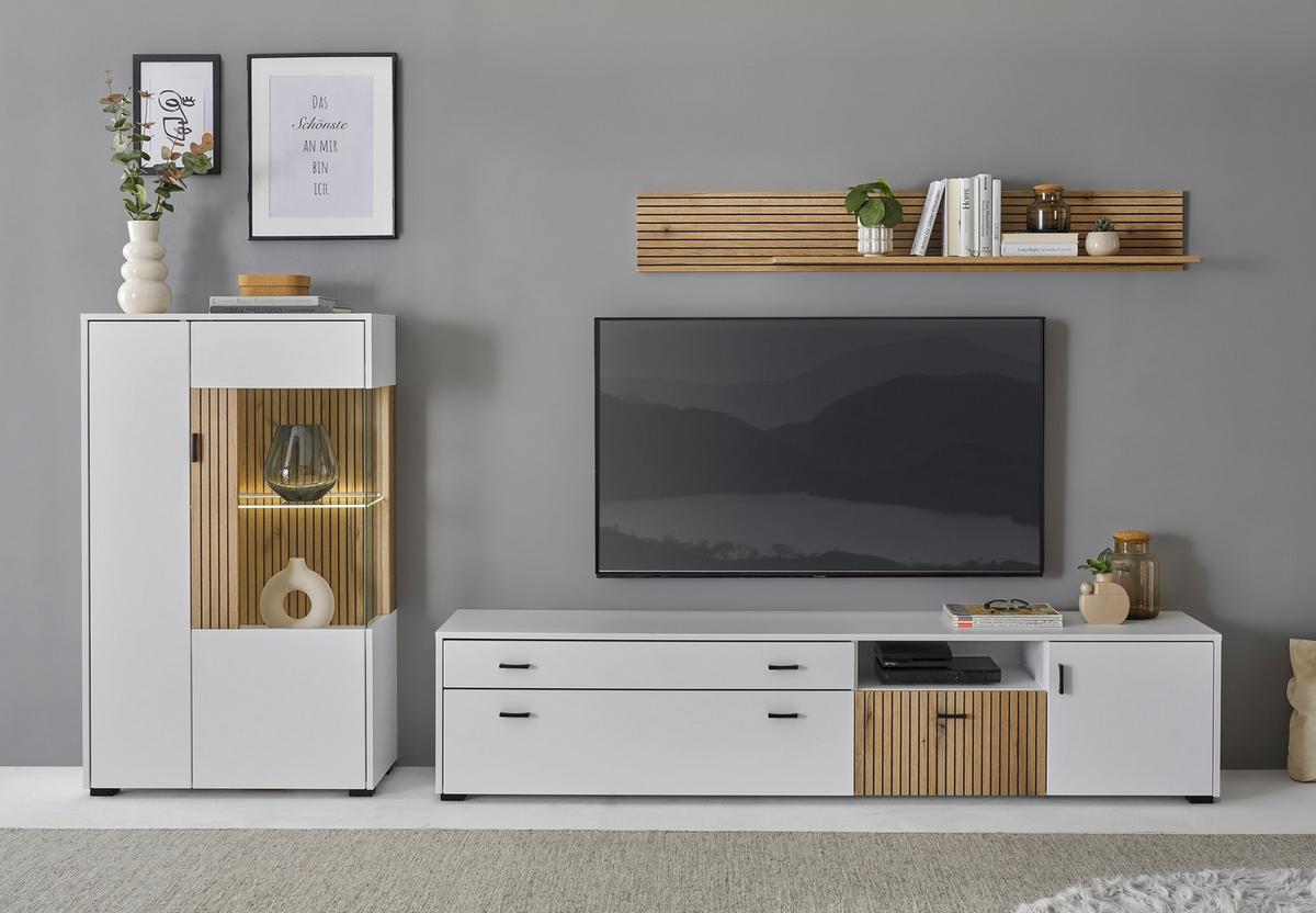 Wohnwand Husdon Weiß/Eichefarben - Eichefarben/Schwarz, Design, Glas/Holzwerkstoff (285/170/42cm) - MID.YOU