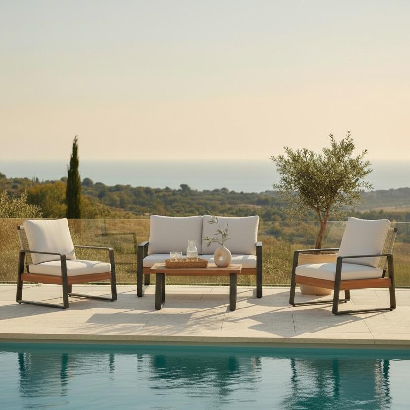 Loungegarnitur Alexa Creme Outdoorstoff/Metall +Abdeckung - Anthrazit/Creme, MODERN, Holz/Textil (150/81/85,5cm) - Bessagi Garden