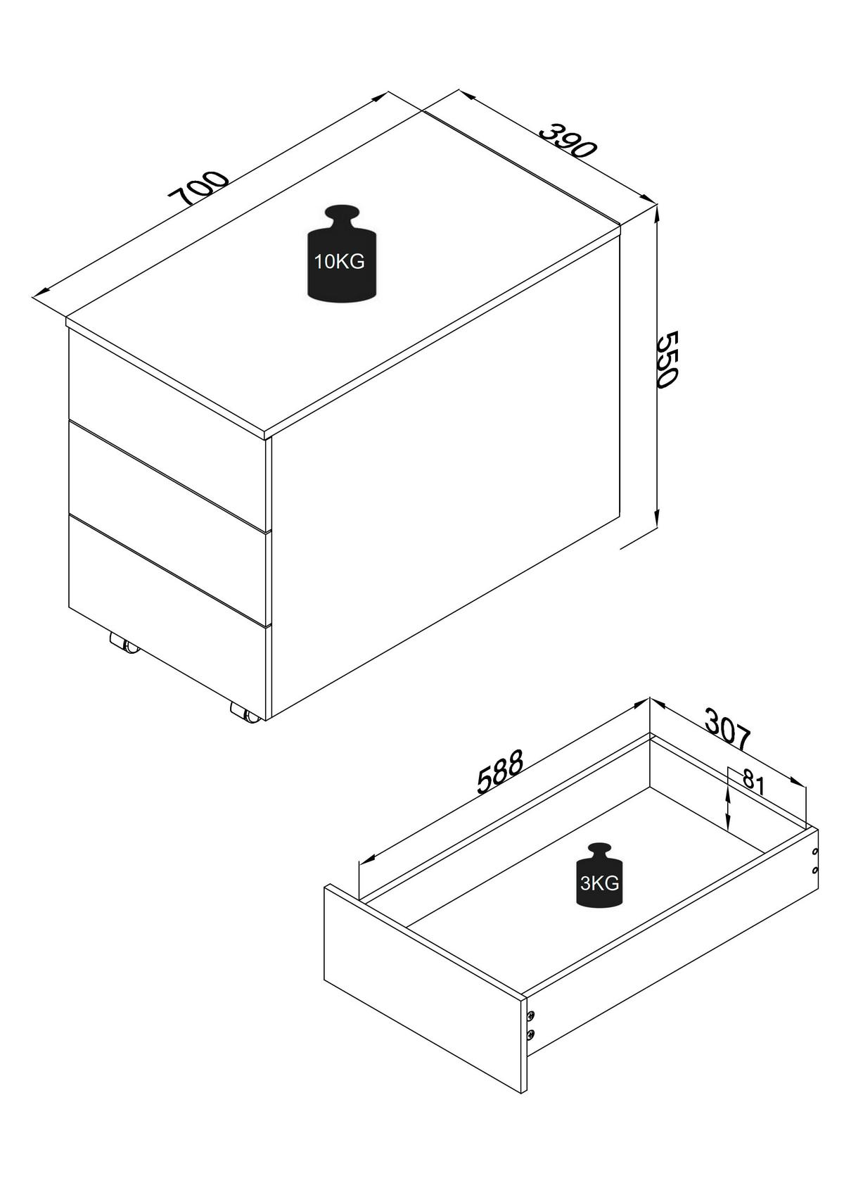 ROLLCONTAINER DALOSA 70 3-SB - Schwarz/Grau, Design, Holzwerkstoff/Kunststoff (39/55/70cm) - MID.YOU