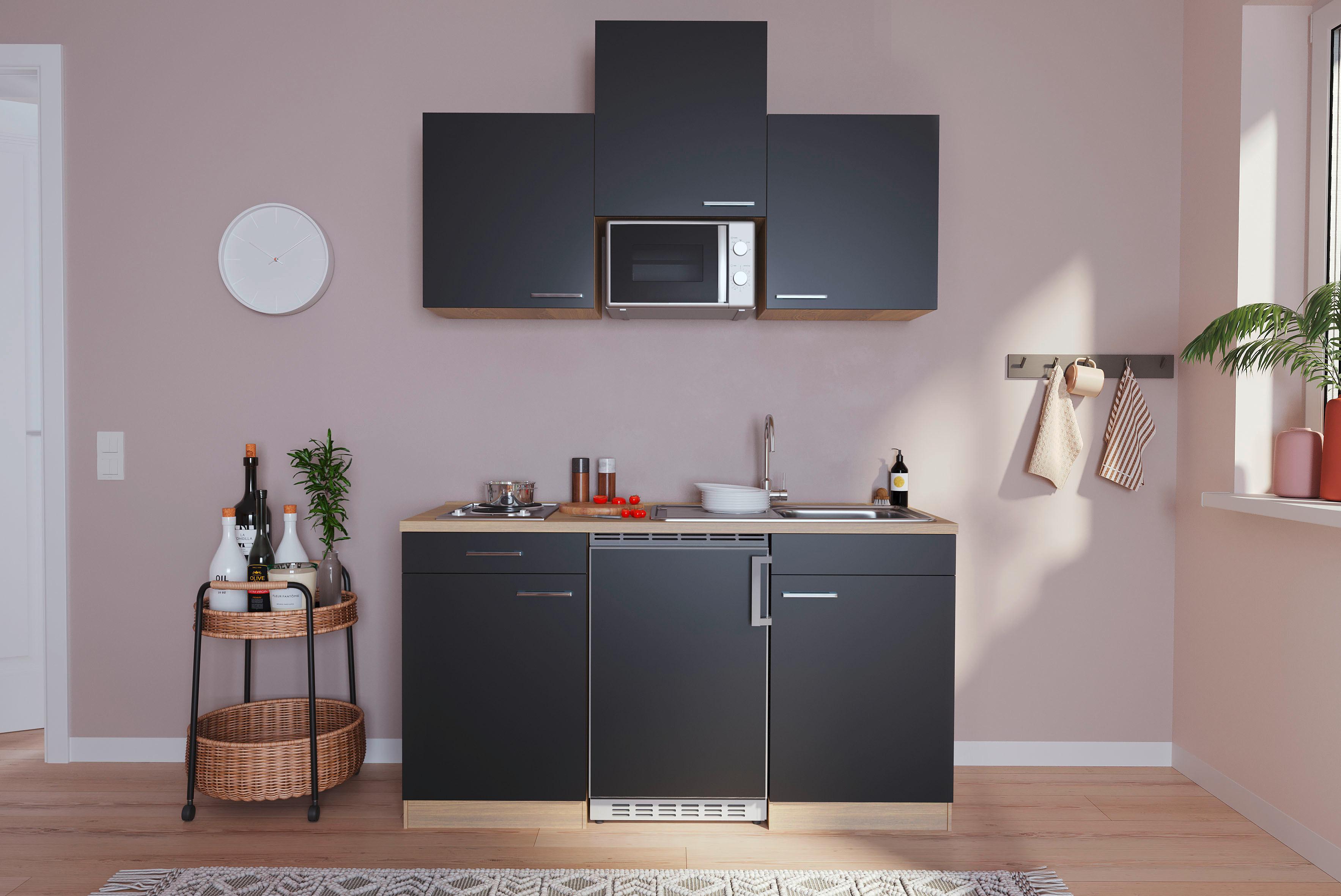 Miniküche Economy m. Geräten B: ca. 150cm Schwarz - Eichefarben/Schwarz, Basics, Holzwerkstoff (150cm) - Respekta