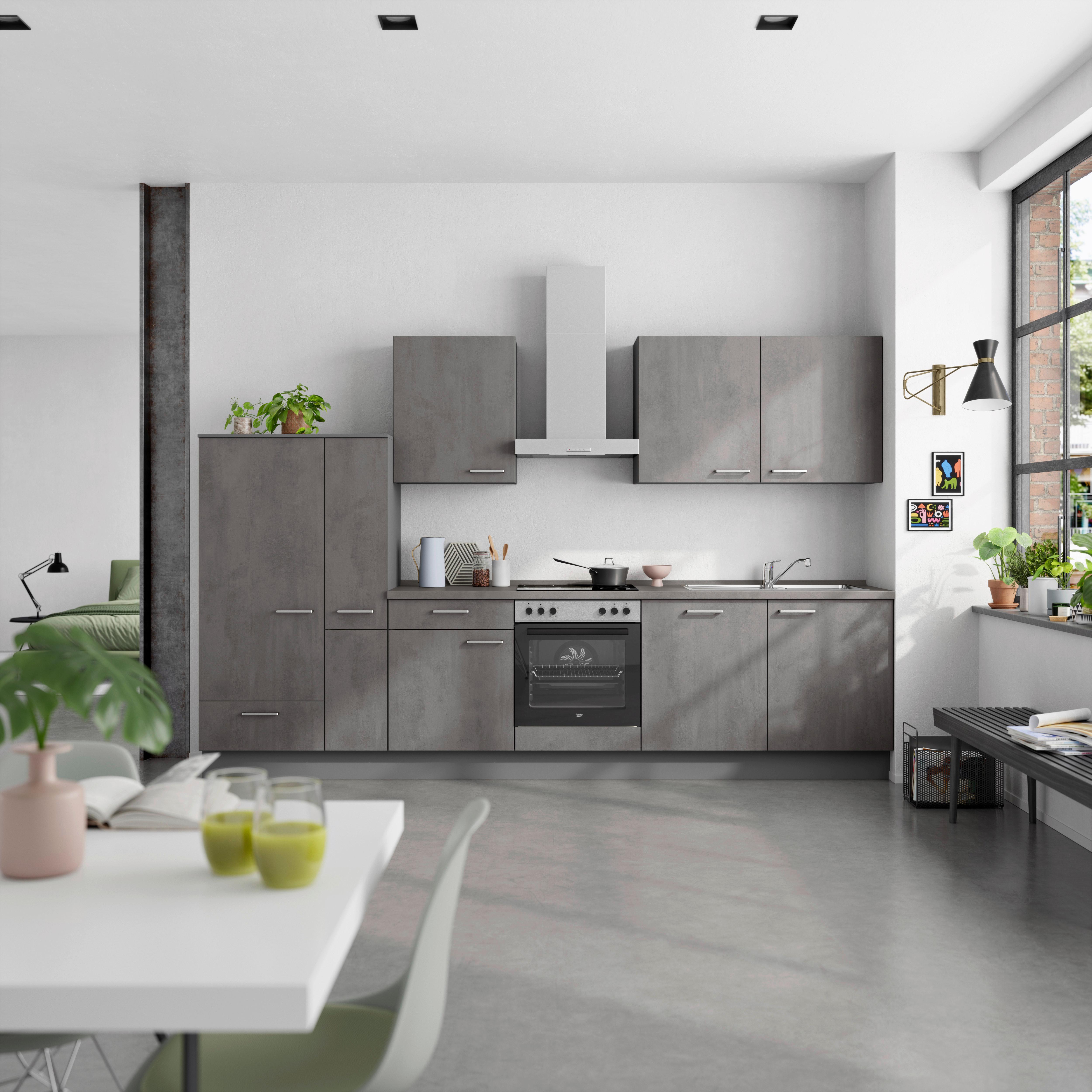 Küchenblock Riva Low m. Geräten Schieferfarben - Schieferfarben/Edelstahlfarben, MODERN, Holzwerkstoff/Metall (330cm) - Nobilia