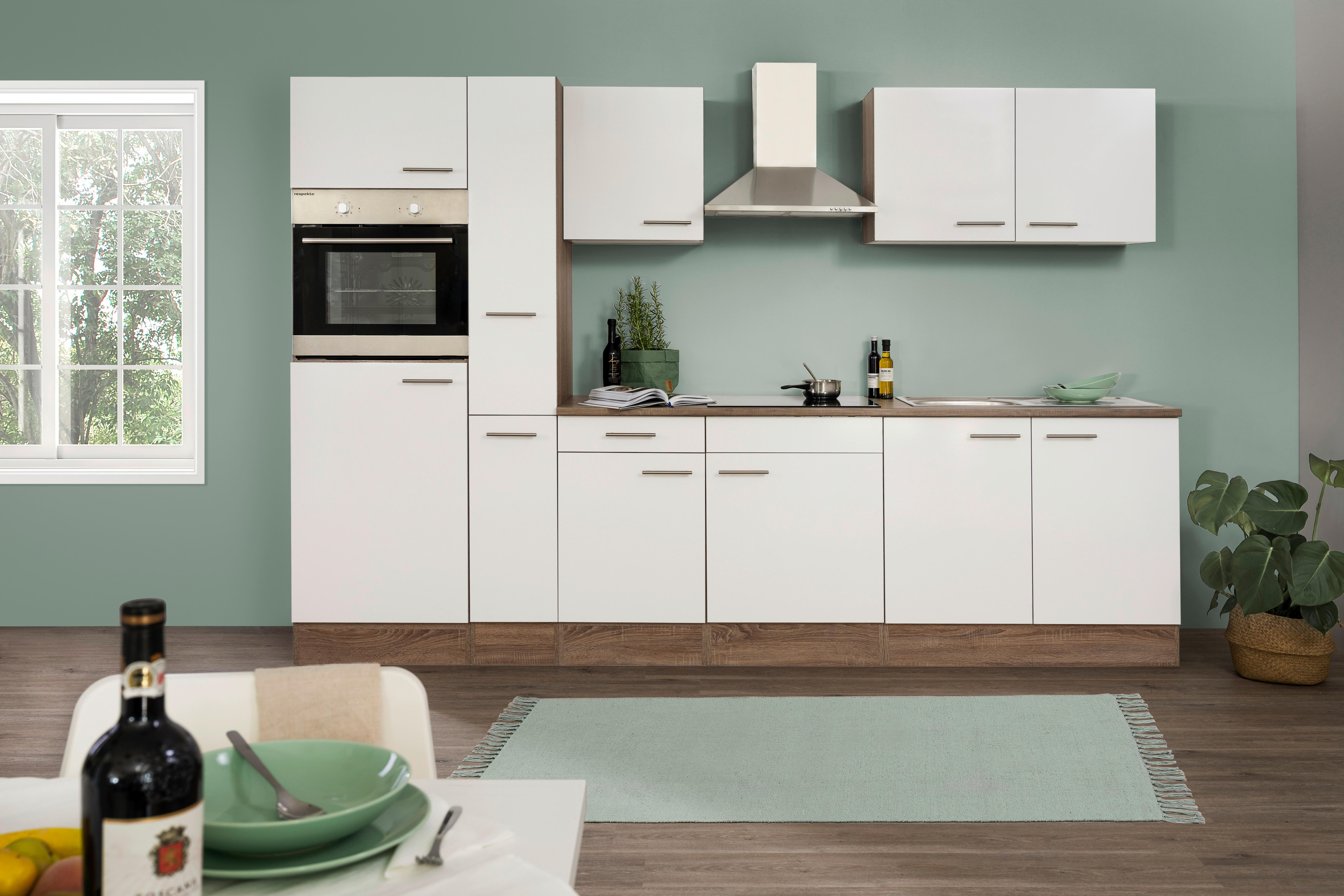 Küchenzeile Economy o. Geräte Weiß/Eiche B: ca. 300 cm - Eichefarben/Silberfarben, Basics, Holzwerkstoff/Metall (300/205/60cm) - Respekta