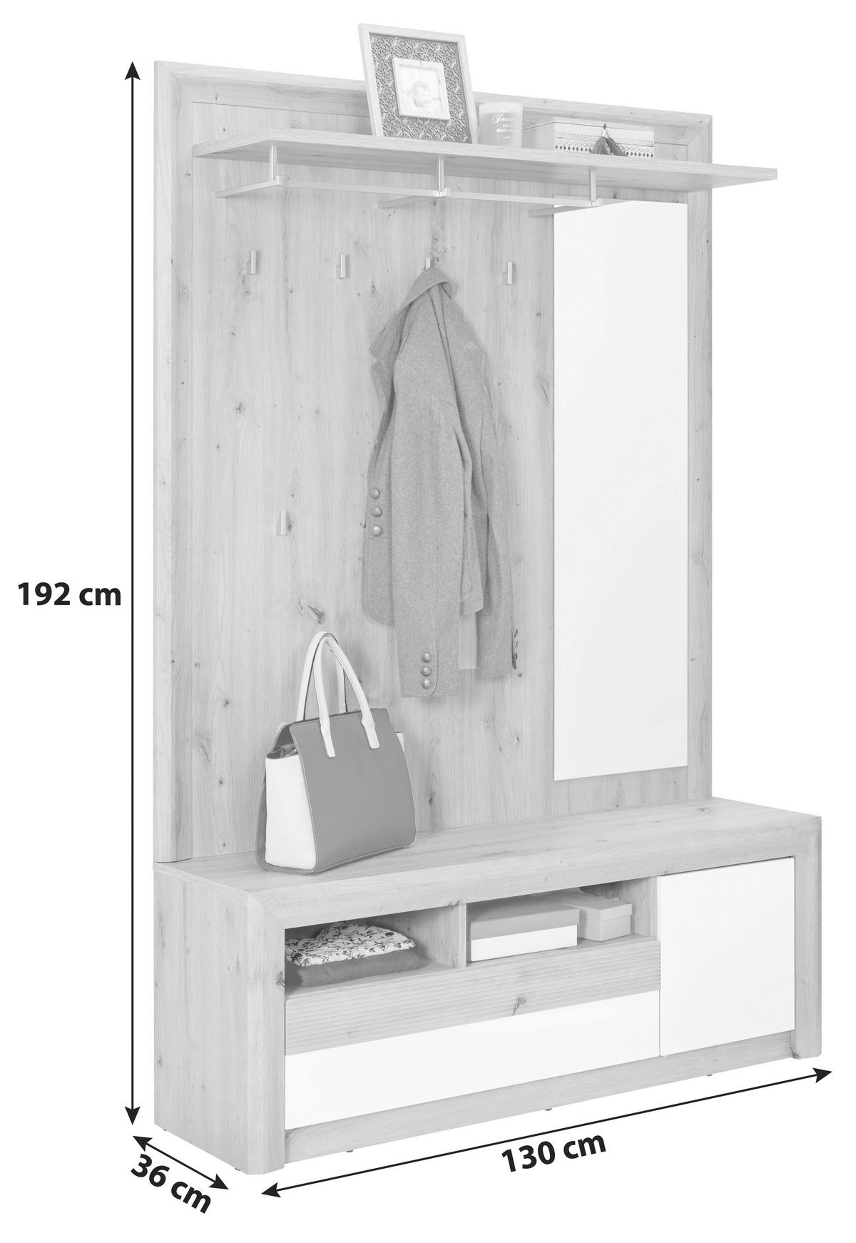 Predsoblje Kashmir New - bijela/boje hrasta, Moderno, drvni materijal (130/192,2/36cm) - Modern Living