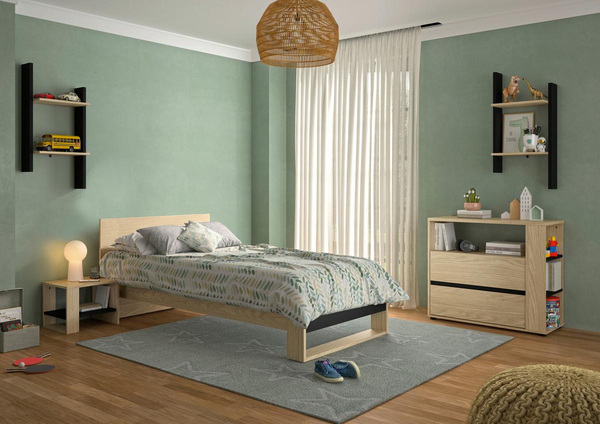 Postelja Nael, Barva Hrasta, Črna, 90x200 - črna/barve hrasta, Basics, leseni material (90/200cm)