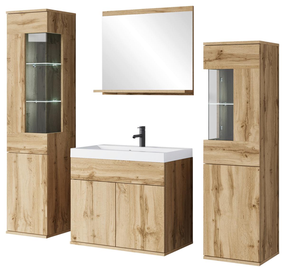 Badezimmer-Set Narobi 5-tlg. mit LED ca. 120 cm Eiche Wotan - Eiche Wotan/Weiß, Trend, Glas/Keramik (120,4cm) - P & B