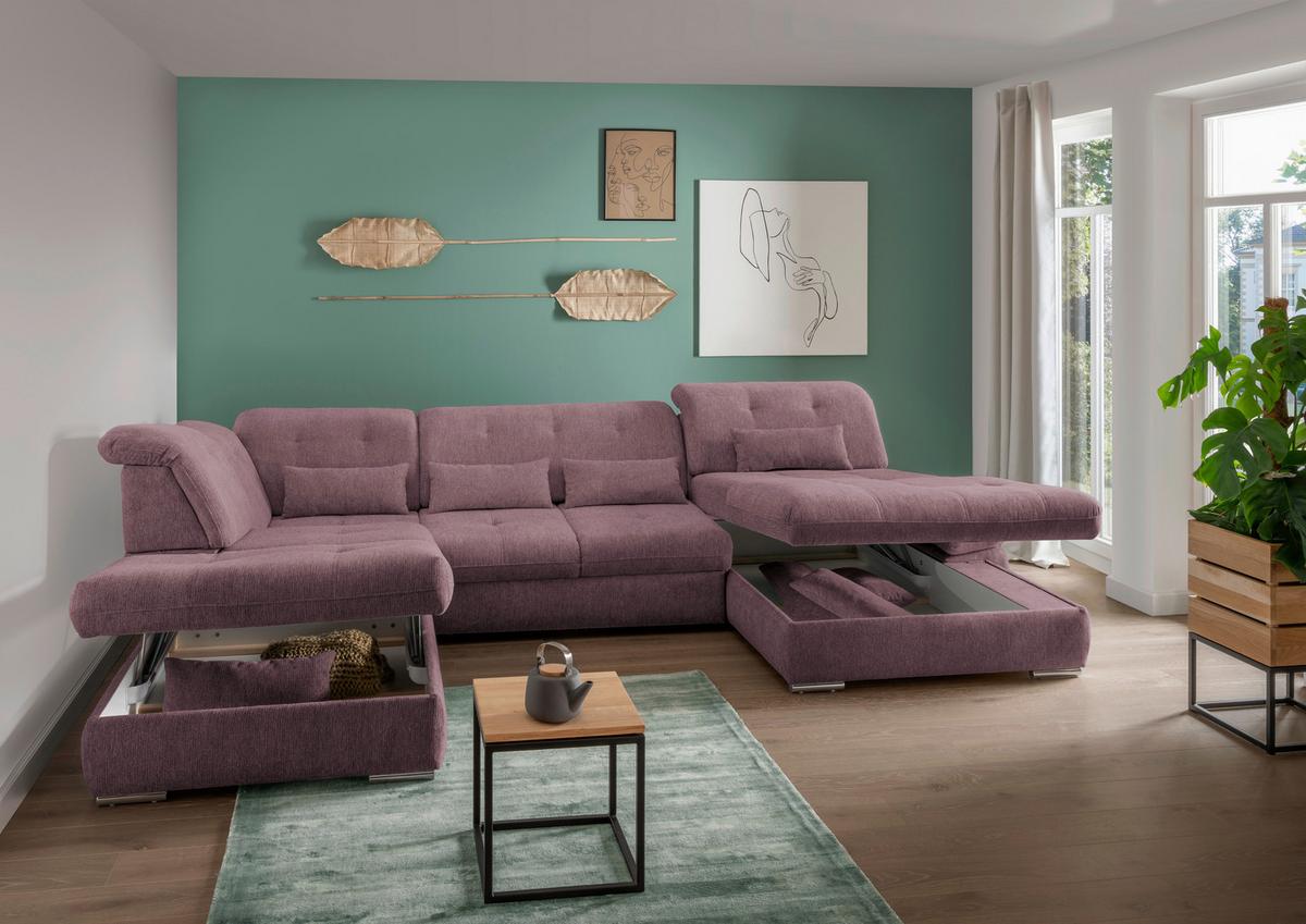 Wohnlandschaft Dalida Brombeere Chenille - Chromfarben/Brombeere, Design, Textil/Metall (254/376/195cm) - Livetastic