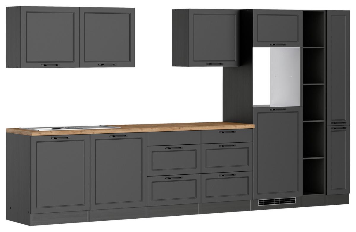 Küchenzeile Meran ohne Geräte ca. 360 cm Grau/Eiche Dekor - Eiche Wotan/Schwarz, LIFESTYLE, Holzwerkstoff/Metall (360cm) - Held