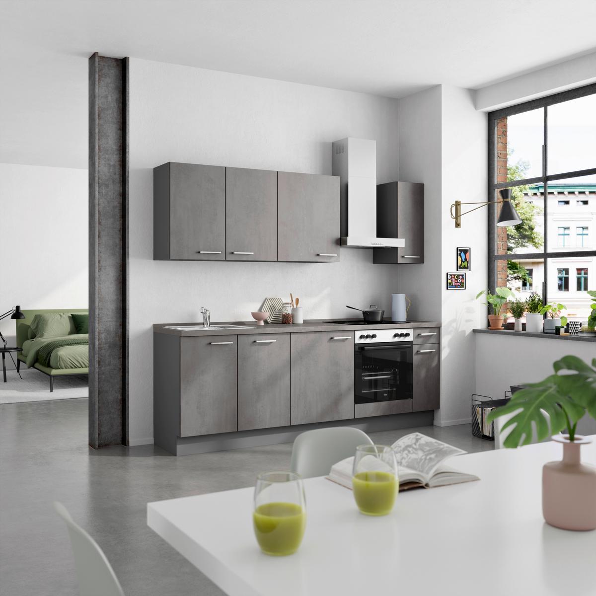 Küchenblock Riva Low m. Geräten Schieferfarben - Schieferfarben/Edelstahlfarben, MODERN, Holzwerkstoff/Metall (240cm) - Nobilia