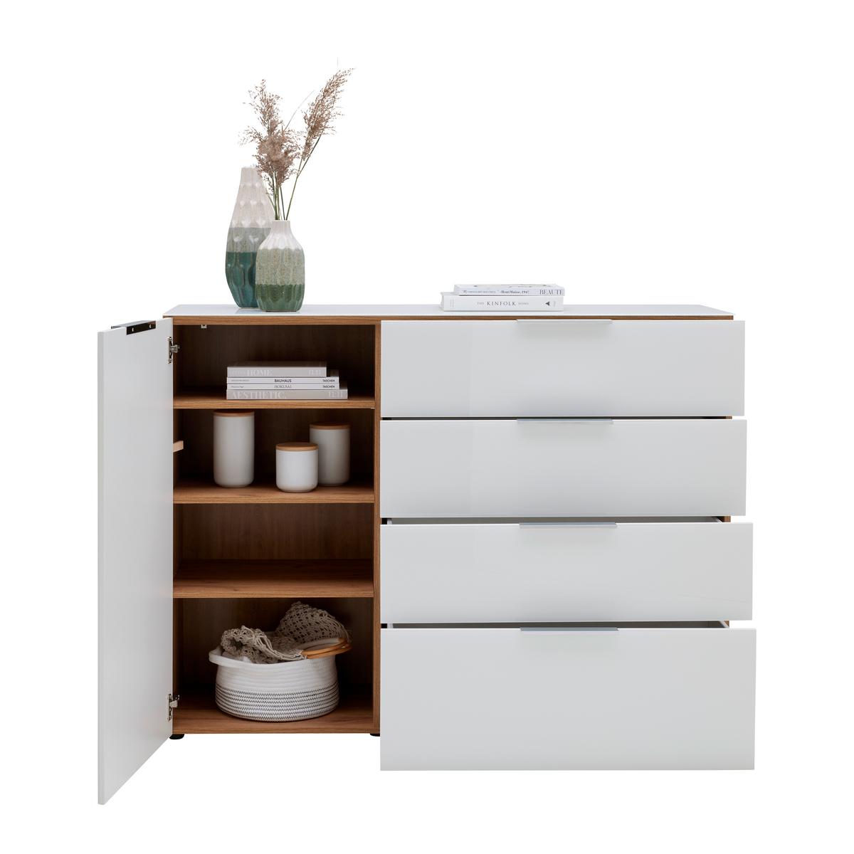 Sideboard Oakland in Weiß/Eichefarben - Chromfarben/Eichefarben, MODERN, Glas/Holzwerkstoff (134/102/42cm) - Premium Living