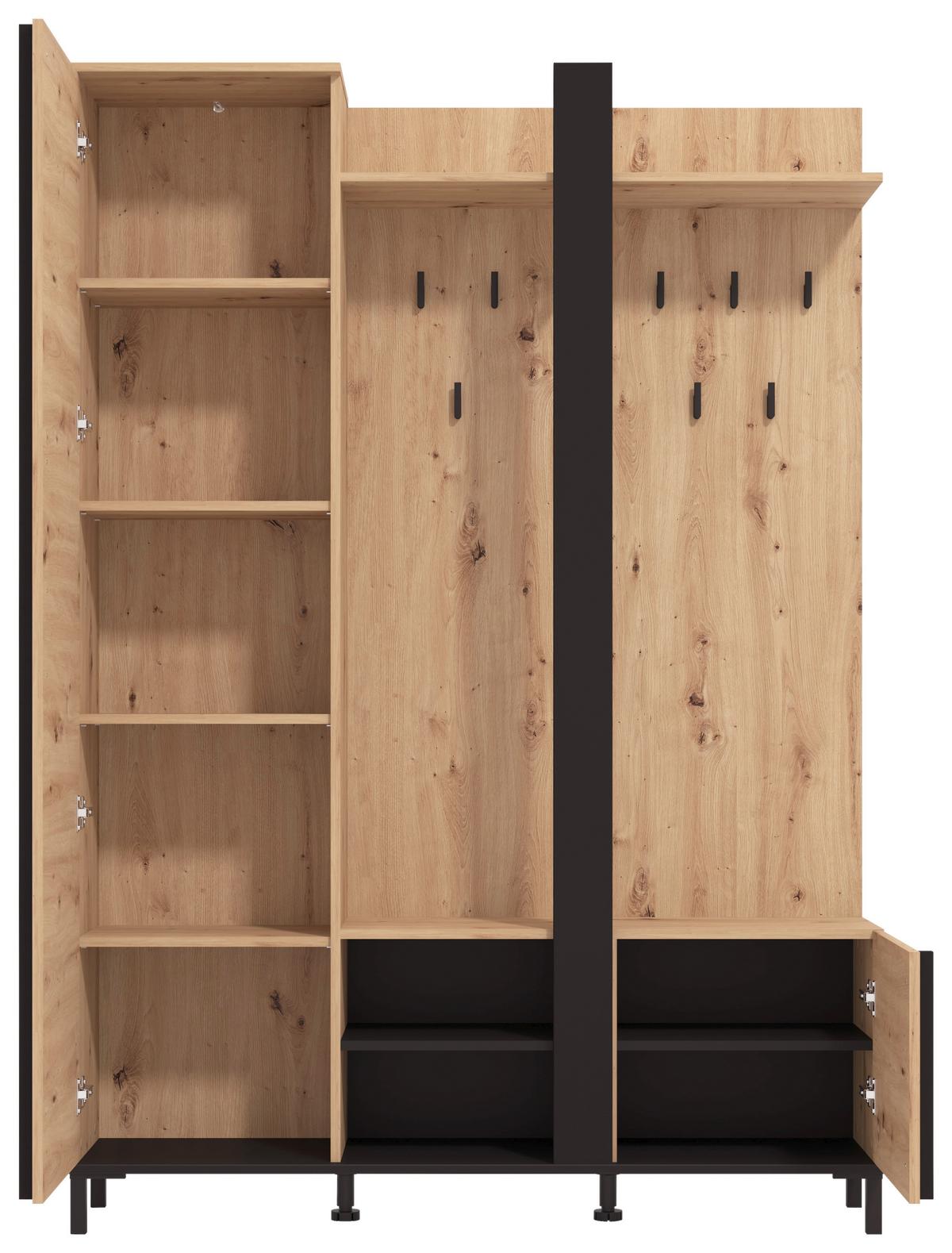 Előszobafal Nino - fekete/Artisan tölgy, Basics, faalapú anyag (134,5/192,5/34,5cm) - Carryhome