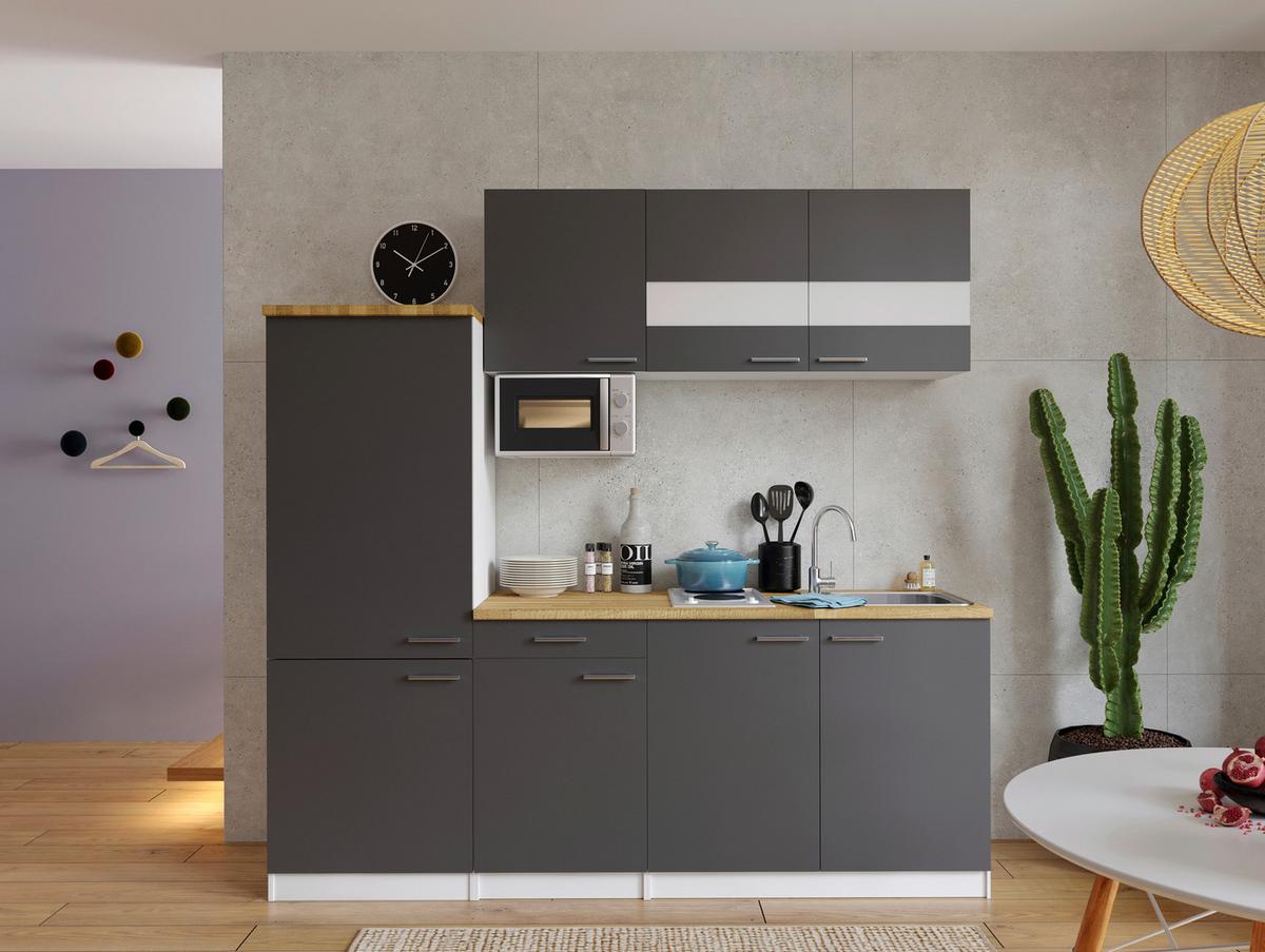 Küchenzeile mit Geräte Grau/Nuss Dekor B: ca. 210 cm - Edelstahlfarben/Nussbaumfarben, KONVENTIONELL, Holzwerkstoff/Metall (210cm) - Respekta