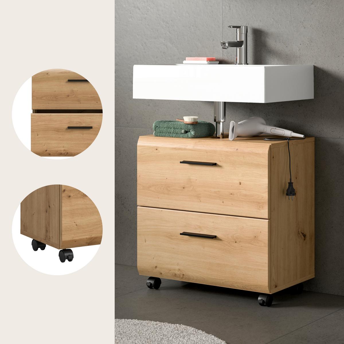 Waschbeckenunterschrank Ice Eiche Artisan - Schwarz/Eiche Artisan, Trend, Holzwerkstoff/Kunststoff (60/58/30cm) - MID.YOU