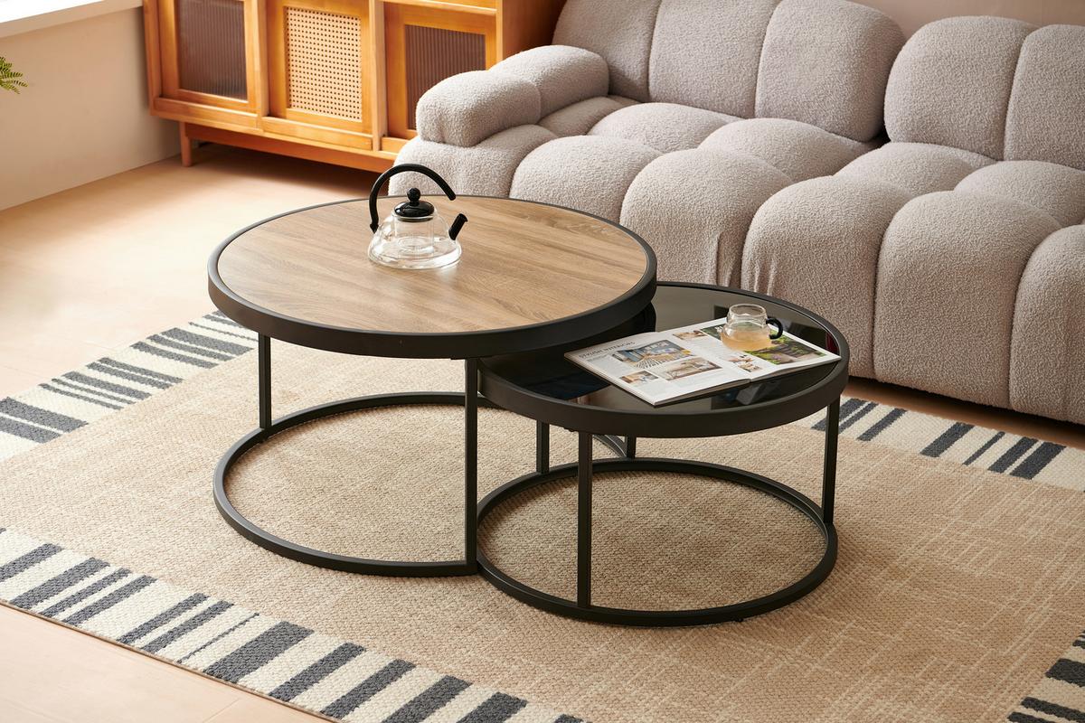 ZESTAW STOLIKÓW KAWOWYCH SEATTLE - kolor dębowy/czarny, Design, materiał drewnopochodny/metal (65-80/65-80/38-40cm) - MID.YOU