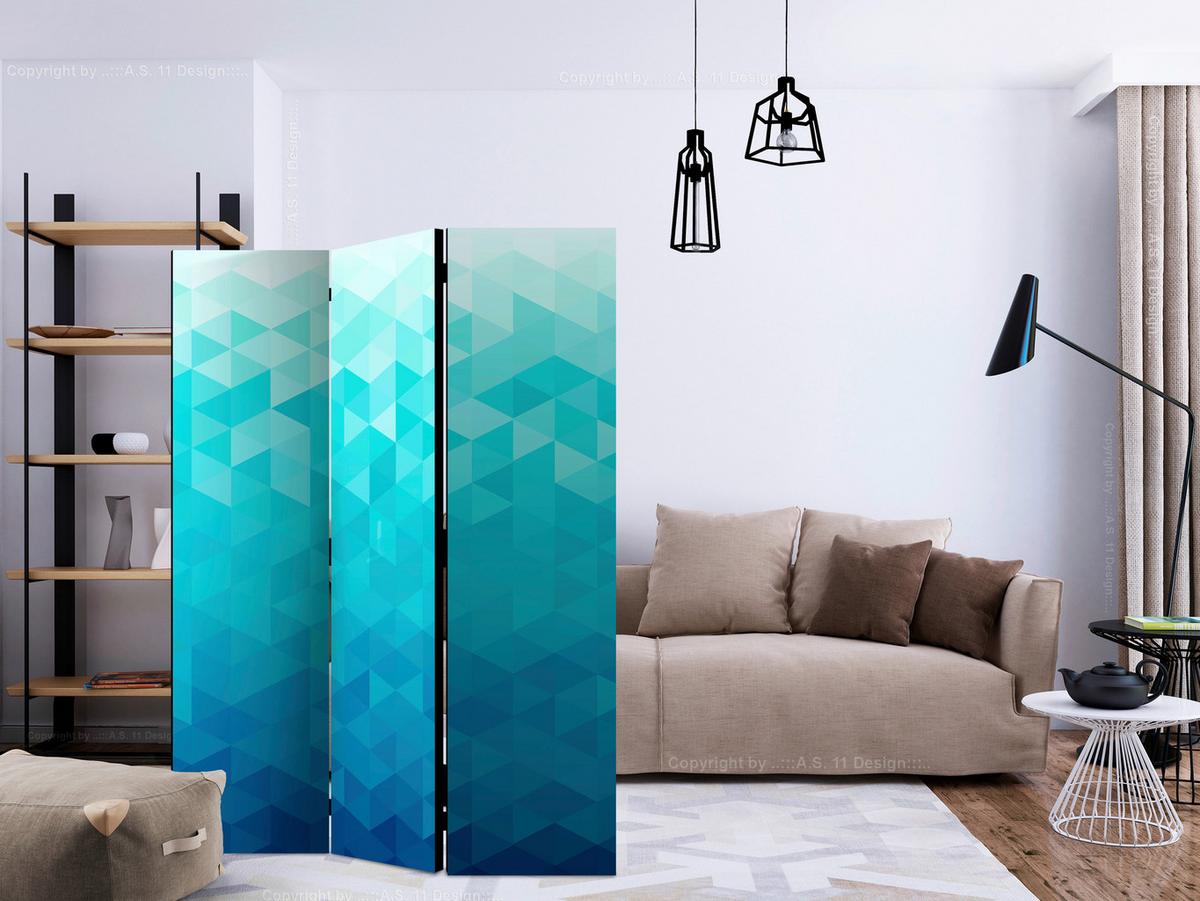 Paravan Azure Pixel, 3-Delni, Dvostranski - modra/svetlo modra, Basics, tekstil/les (135/172/3cm) - artgeist