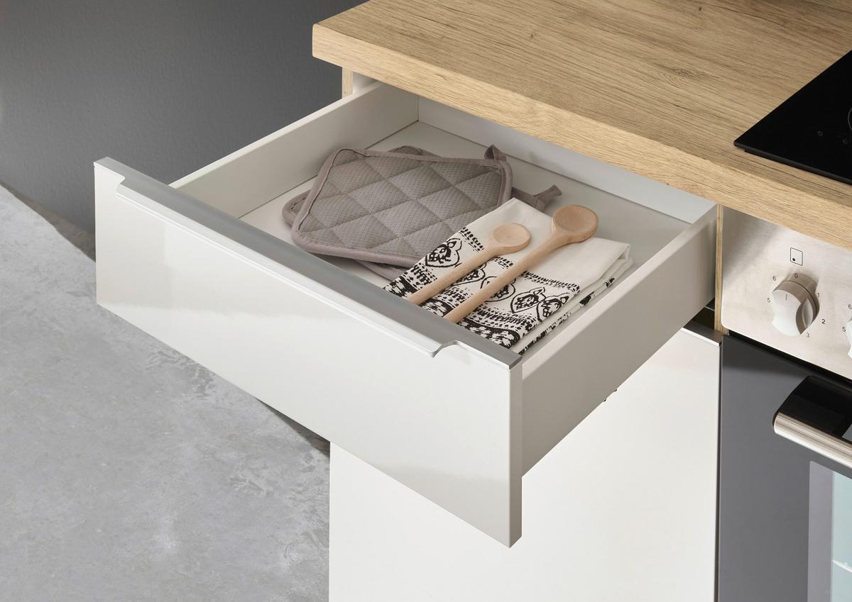 Eckküche Marleen m. Geräten Eiche/Weiß Hochgl ca.220x170cm - Weiß Hochglanz/Alufarben, LIFESTYLE, Holzwerkstoff/Kunststoff (220/170cm) - Respekta