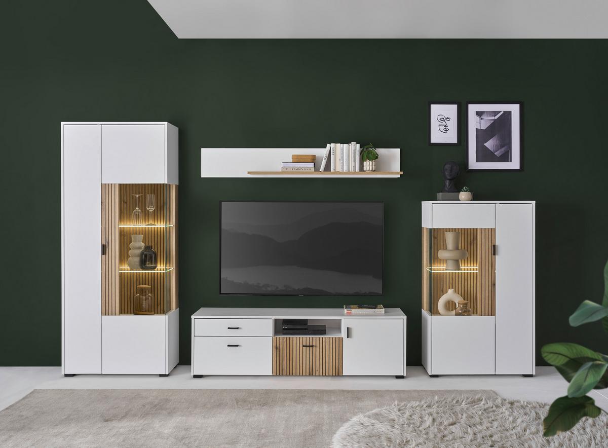 Wohnwand Hudson Weiß/Eichefarben - Eichefarben/Schwarz, Design, Glas/Holzwerkstoff (320/180/42cm) - MID.YOU