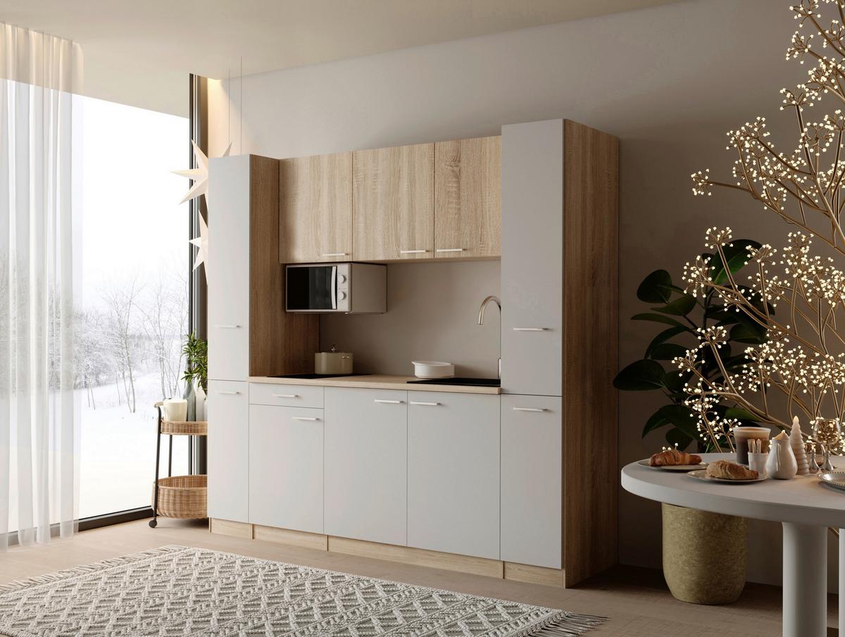 Küchenblock Ingrid m. Geräten Weiß - Eichefarben/Alufarben, Design, Holzwerkstoff/Kunststoff (210cm) - Respekta