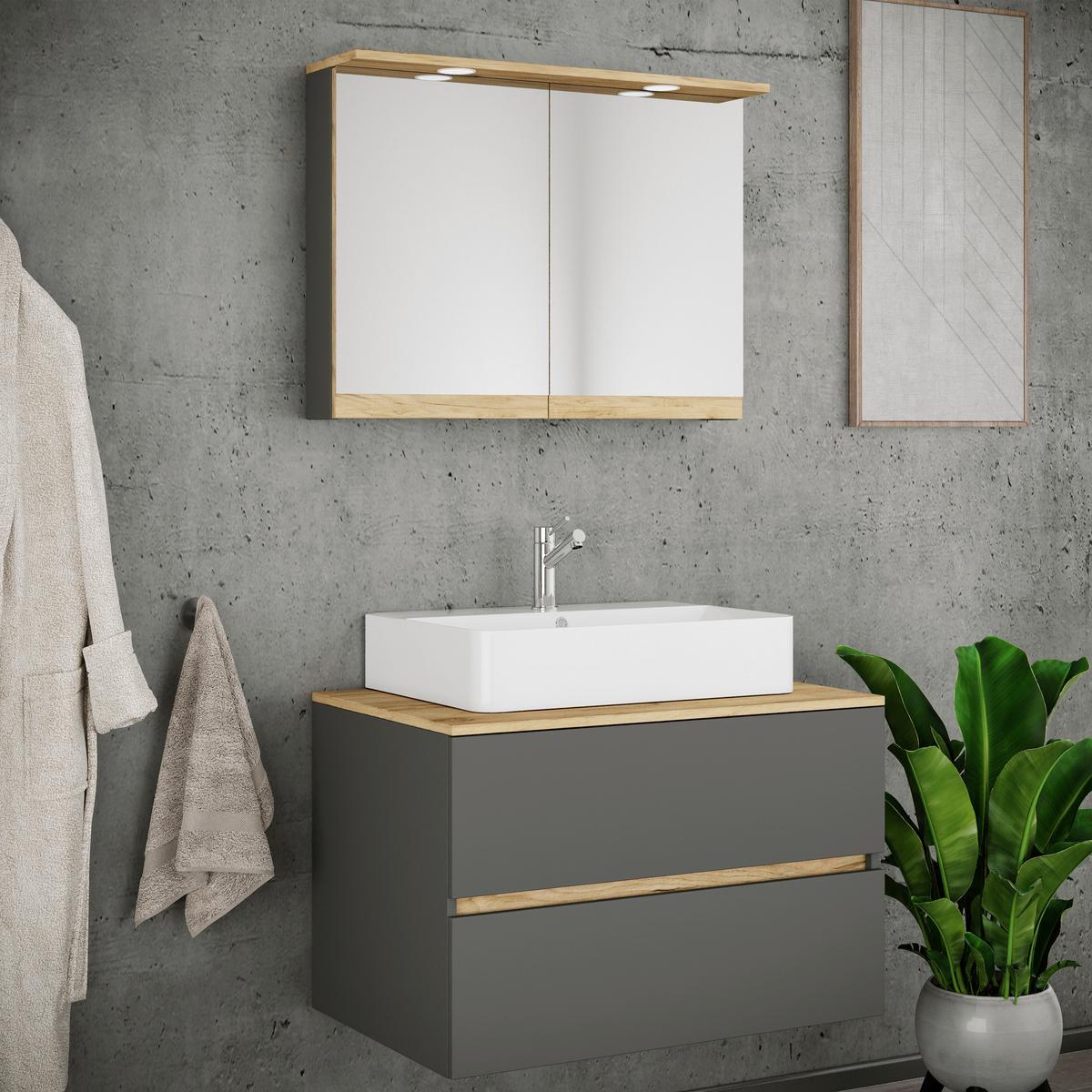Badezimmer Cosila - Honigeiche/Weiss, Trend, Keramik/Holzwerkstoff (80cm) - MID.YOU