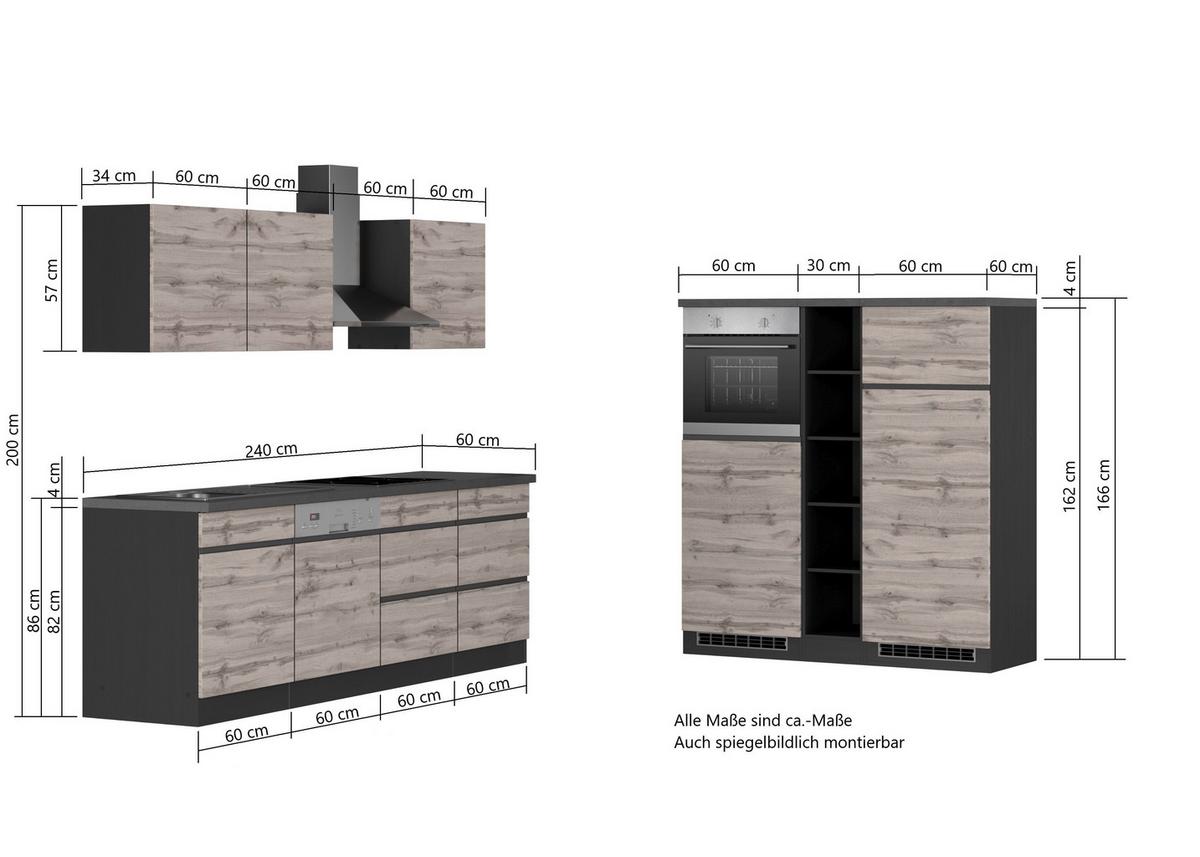 Küchenblock Turin mit Geräten ca. 390 cm Grau/Eiche - Eiche Wotan/Grau, Design, Holzwerkstoff (240-150cm) - Held