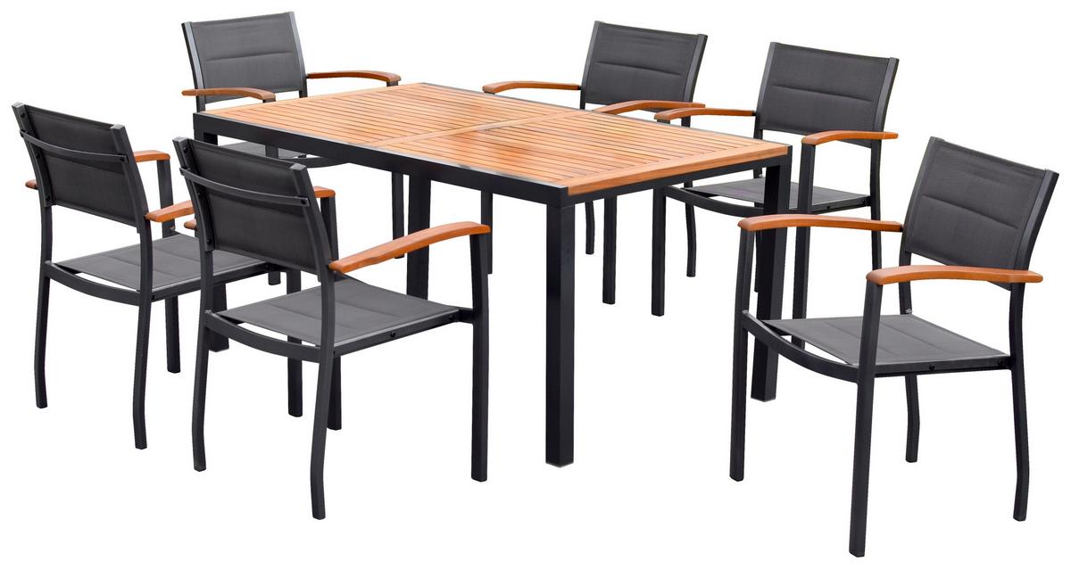 Gartenset Paxos 7-tlg. Alu/Akazie massiv - Graphitfarben/Naturfarben, MODERN, Holz/Textil - Gardenson