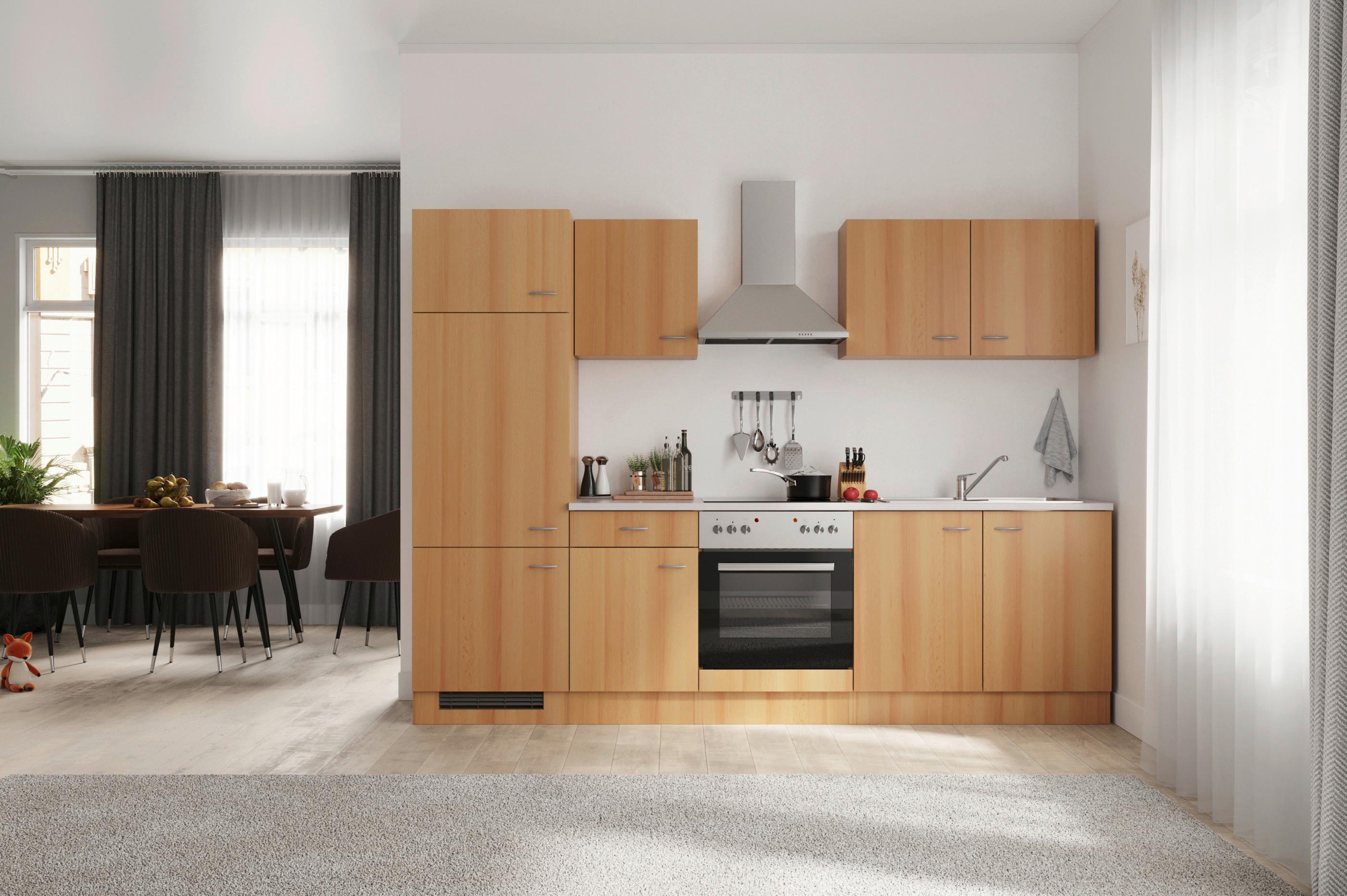 Küchenblock Nano mit Geräten ca. 270 cm Buchefarben - Edelstahlfarben/Beige, MODERN, Holzwerkstoff/Kunststoff (270cm) - FlexWell