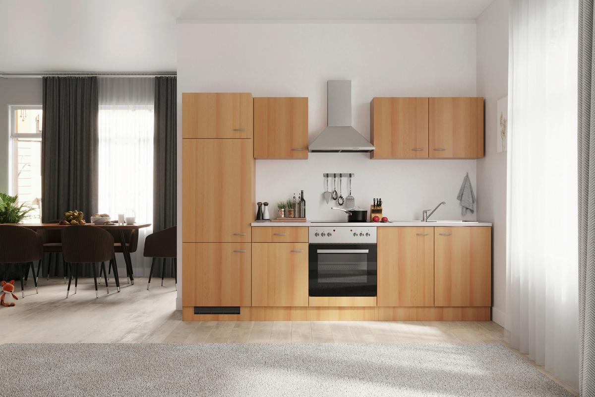 Küchenblock Nano mit Geräten ca. 270 cm Buchefarben - Edelstahlfarben/Beige, MODERN, Holzwerkstoff/Kunststoff (270cm) - FlexWell