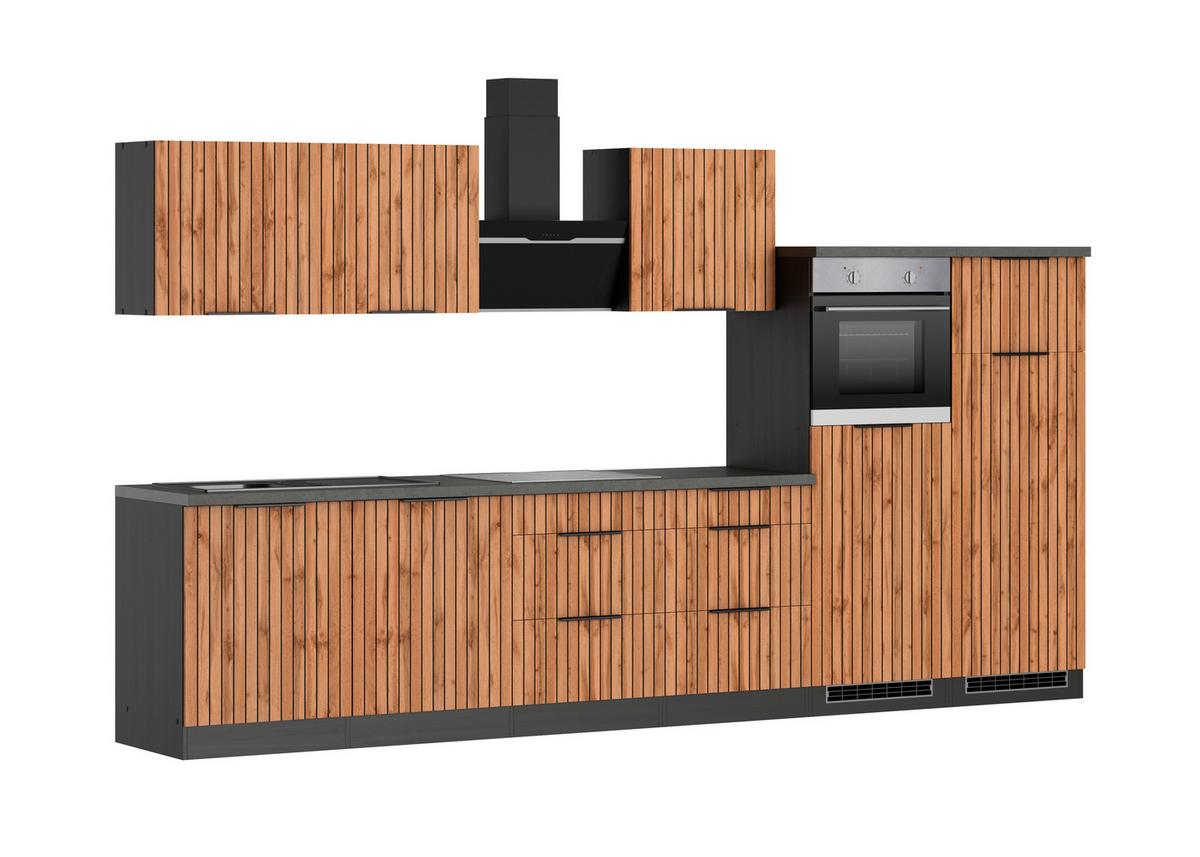 Küchenblock Liverpool m. Geräte Graphit/Eichefarben - Schieferfarben/Eiche Wotan, Basics, Holzwerkstoff/Metall (360cm) - Held