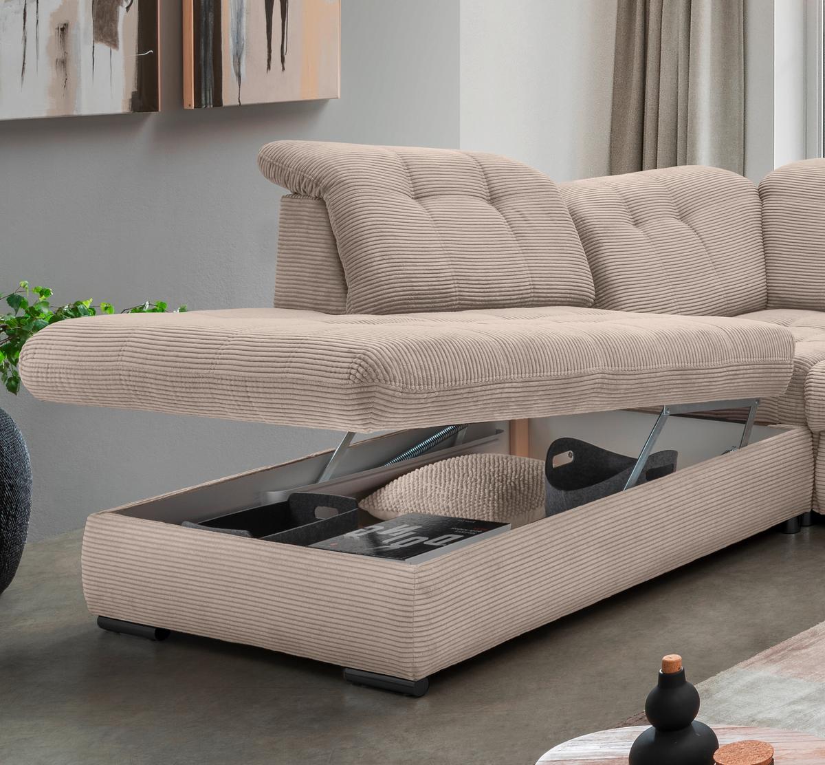 Wohnlandsschaft Rigatti Beige Cord mit Bettkasten - Beige/Schwarz, MODERN, Textil/Metall (252/387/184cm) - Livetastic