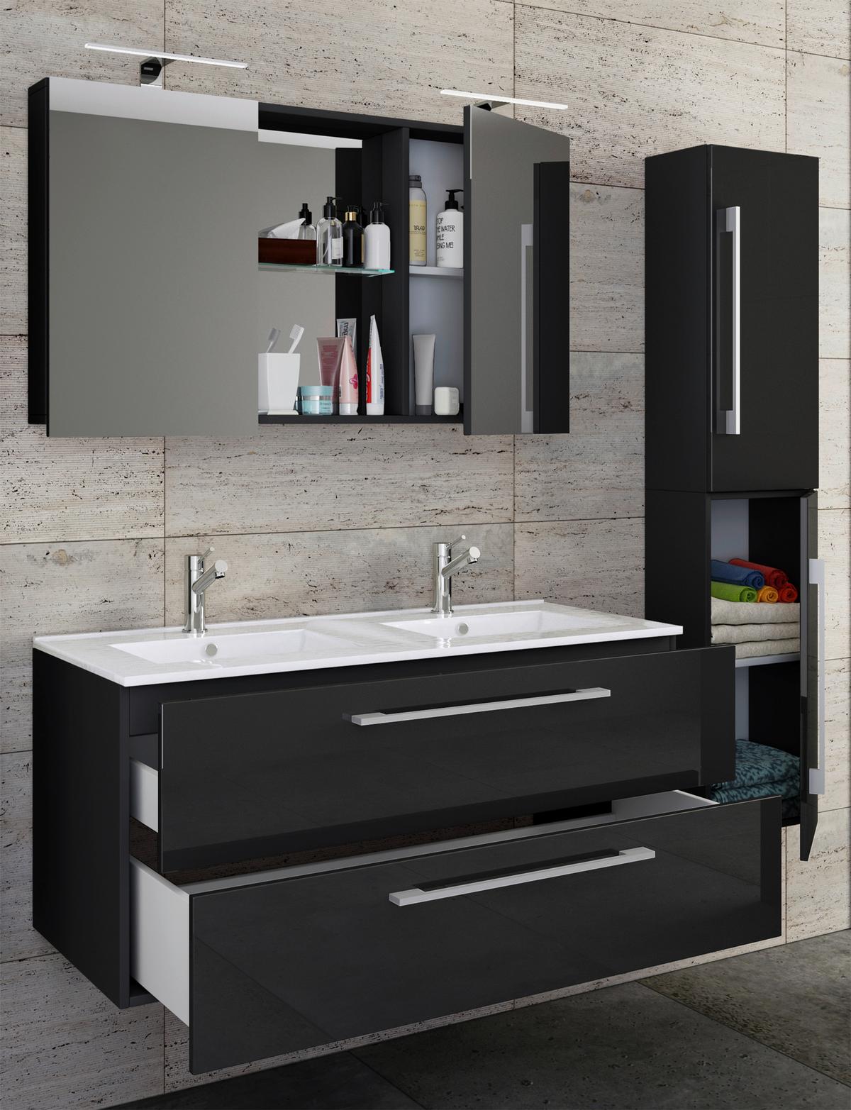 Badezimmer Budasi 4-tlg. ca. 145 cm Schwarz - Schwarz/Alufarben, MODERN, Keramik/Holzwerkstoff (145cm) - MID.YOU