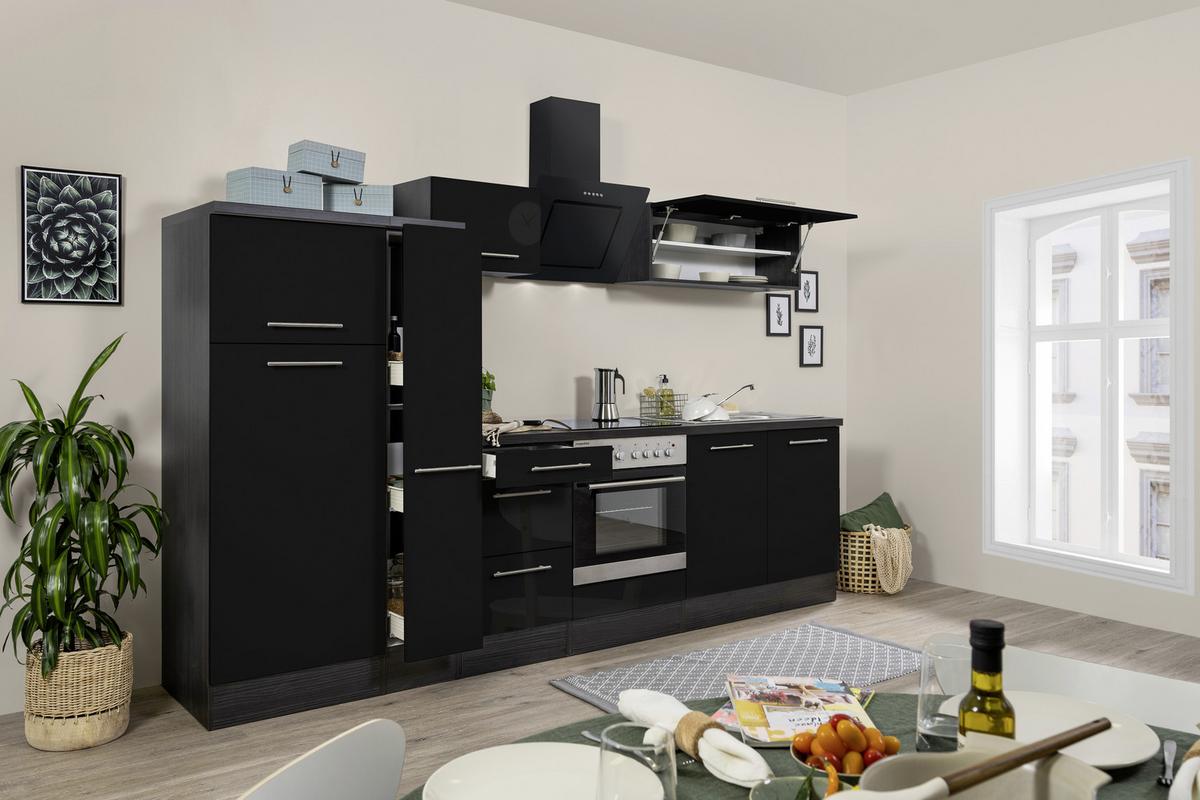 Küchenzeile mit Geräte Schwarz Hochglanz B: ca. 300 cm - Edelstahlfarben/Eichefarben, Basics, Holzwerkstoff/Metall (300cm) - Respekta