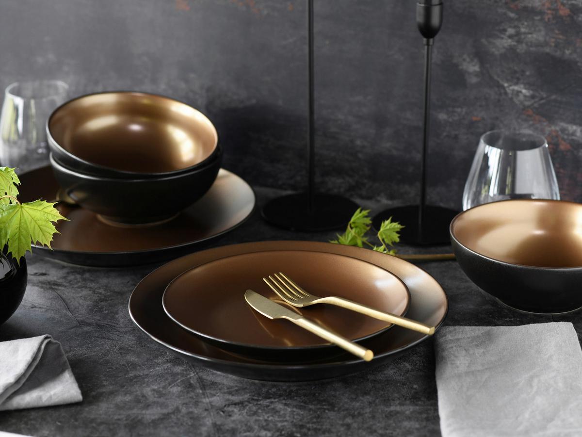 Tafelservice Schwarz/Goldfarben, 12-teilig - Goldfarben/Schwarz, Keramik (31,5/31/38cm) - Creatable