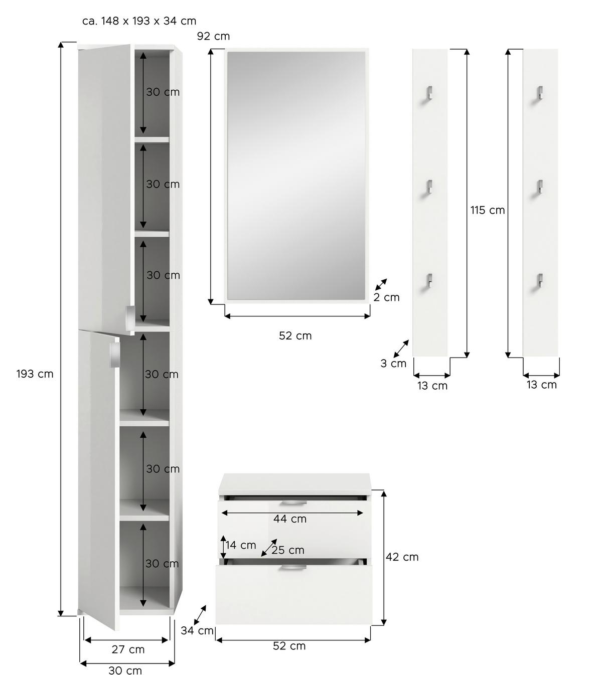 GARDEROBE PROJEKT X - Weiss Hochglanz/Weiss, Design, Holzwerkstoff (148/193/34cm) - Livetastic