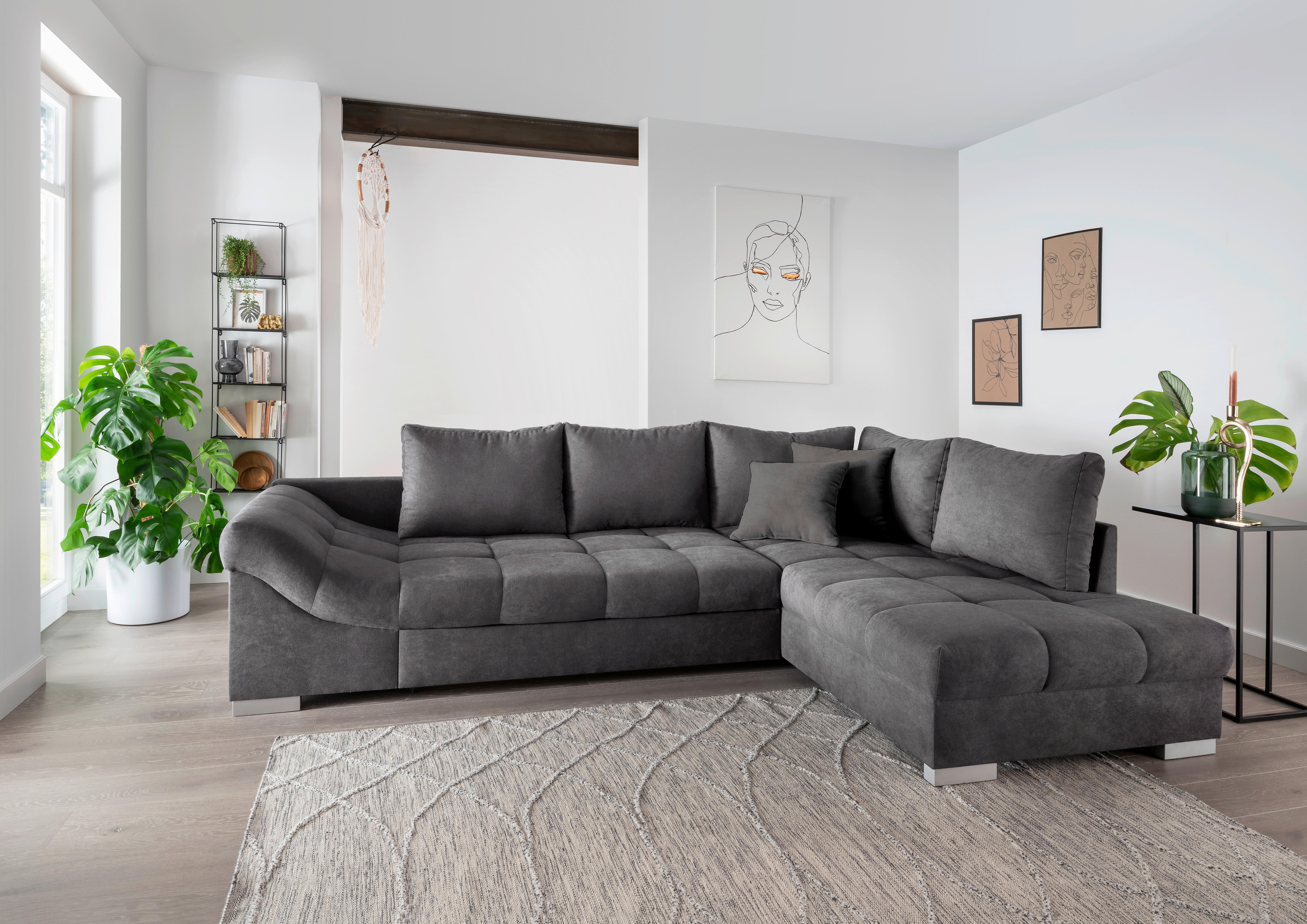 Wohnlandschaft Alvito Anthrazit Nylon/Mikrofaser - Anthrazit/Silberfarben, Design, Holz/Textil (298/202cm) - MID.YOU
