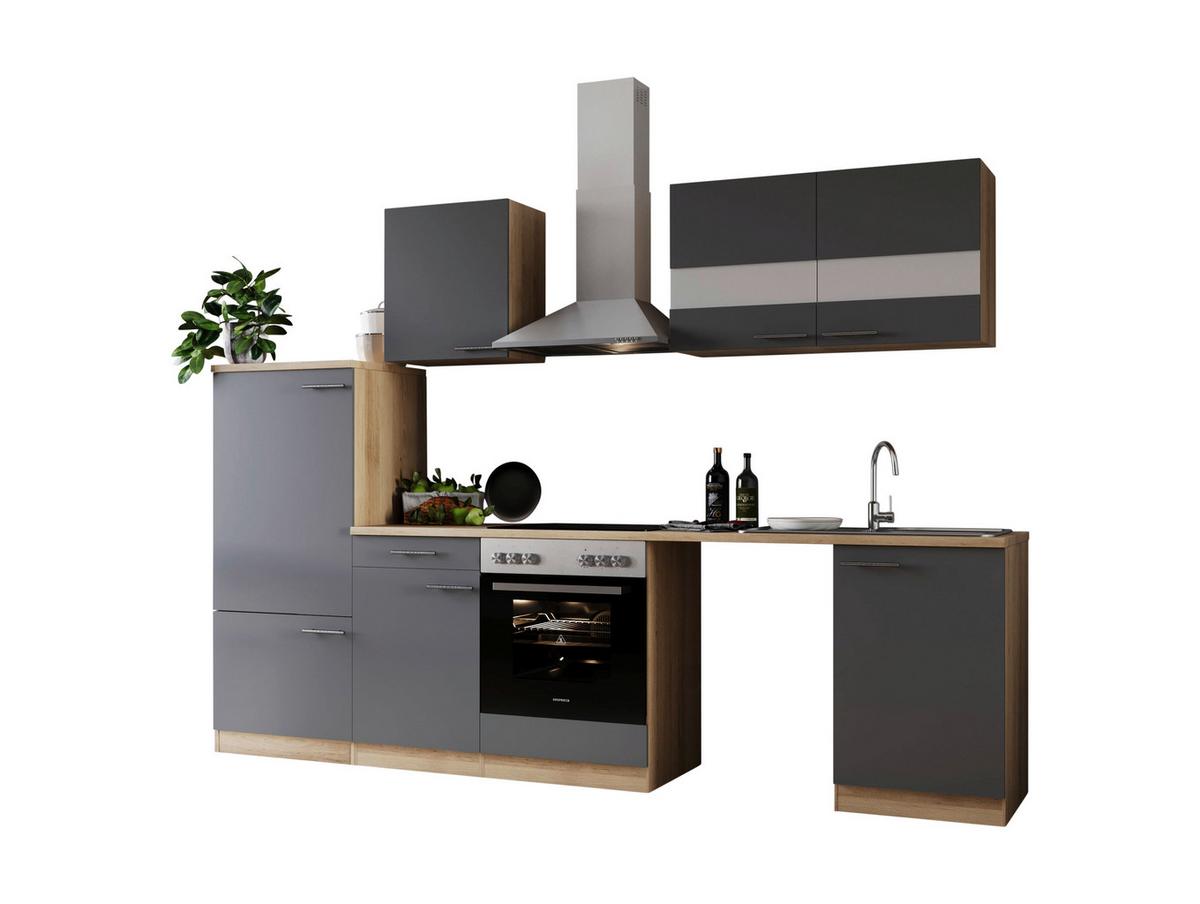 Küchenblock Merle m. Geräten Grau - Edelstahlfarben/Eichefarben, Basics, Glas/Holzwerkstoff (280cm) - Respekta