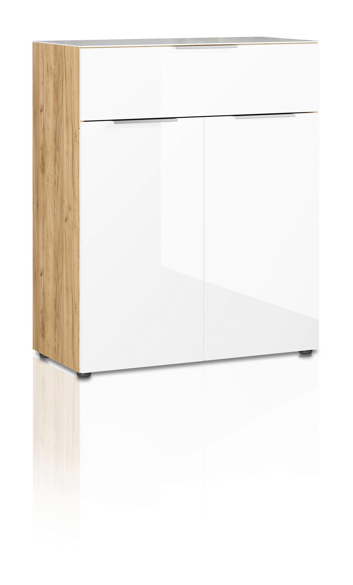 commode in Weiss/Eichefarben - couleur de chêne/noir, Modern, métal/verre (83/102/42cm) - Premium Living