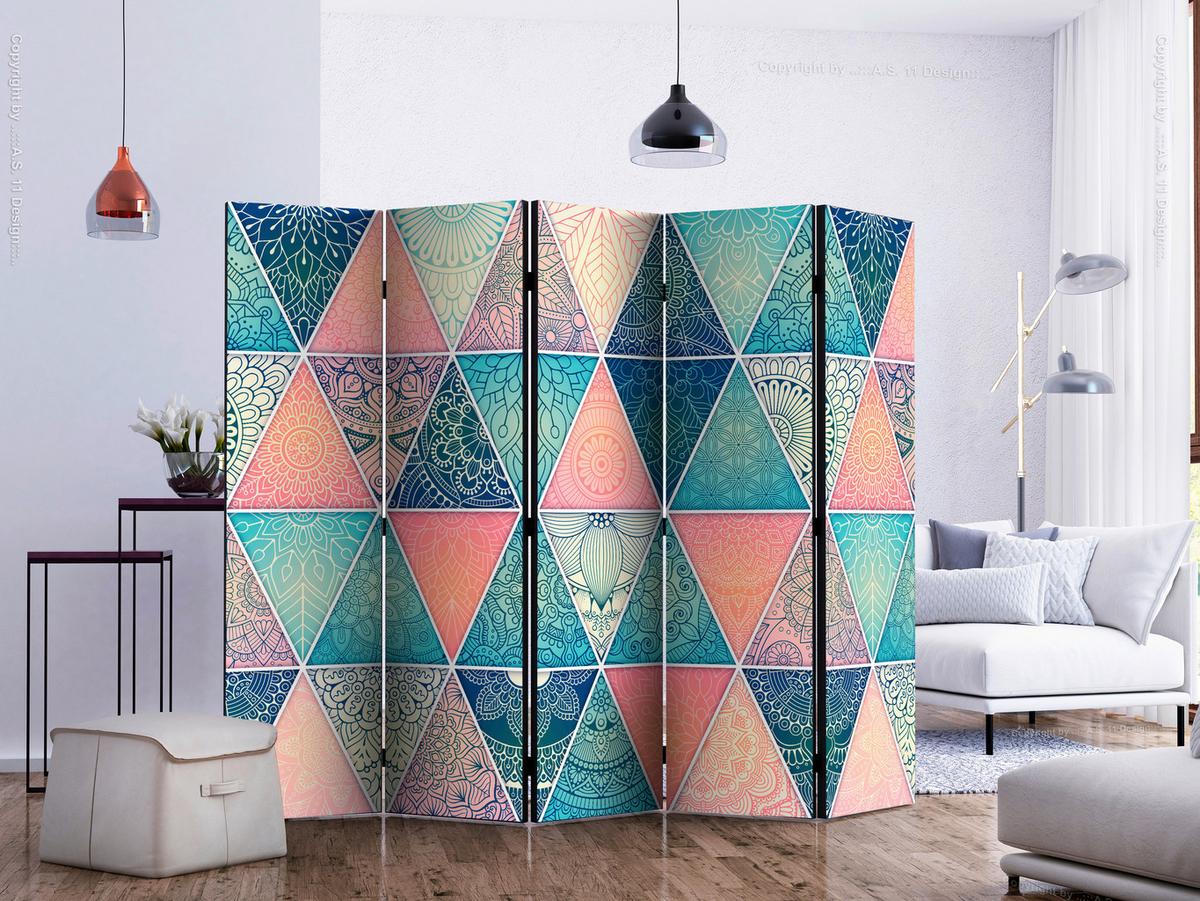 Paravan Oriental Triangles I, 5-Delni, Dvostranski - turkizna/večbarvno, Basics, tekstil/les (225/172/3cm) - artgeist