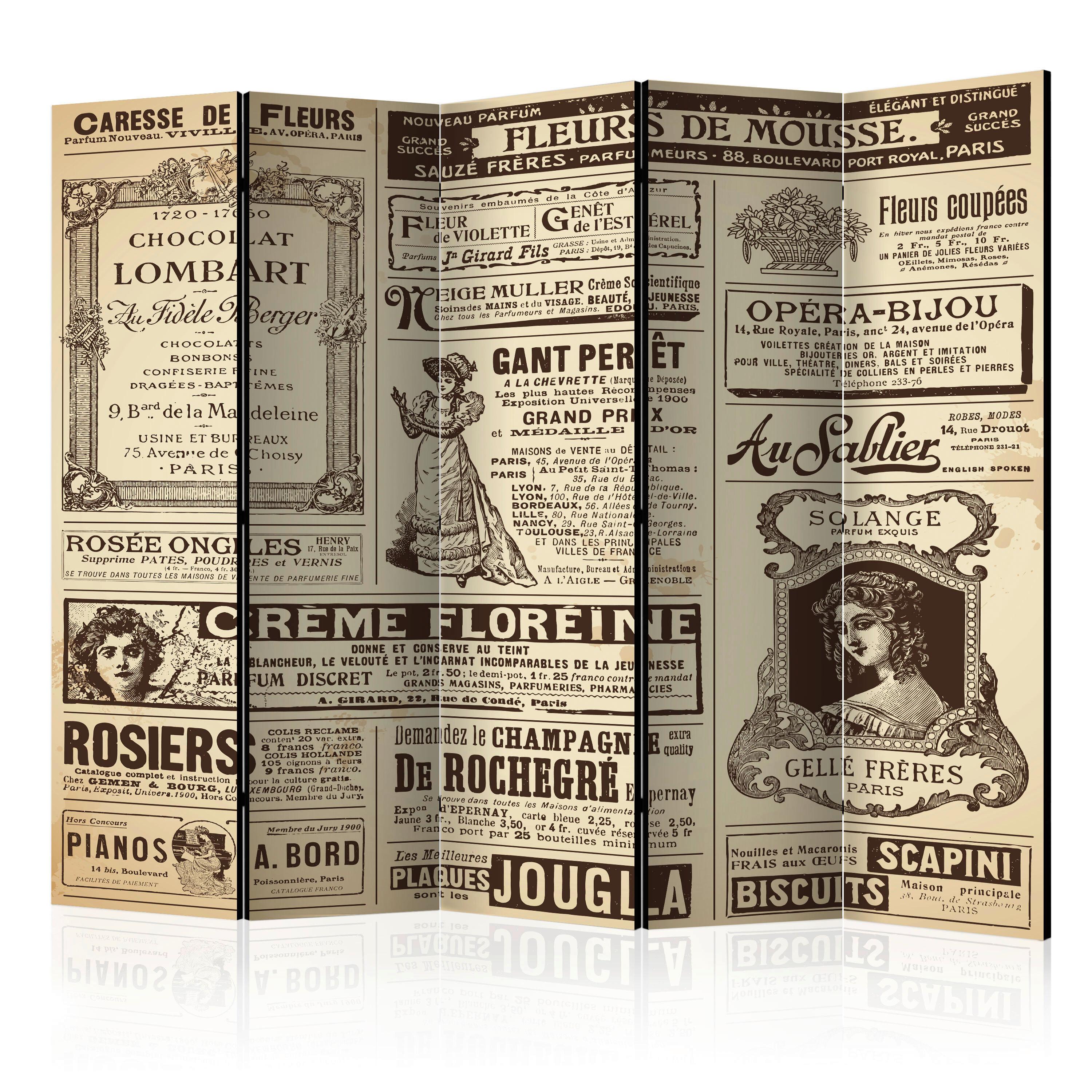 Paravan Vintage Magazines I, 5-Delni, Dvostranski - temno rjava/bež, Basics, tekstil/les (225/172/3cm) - artgeist
