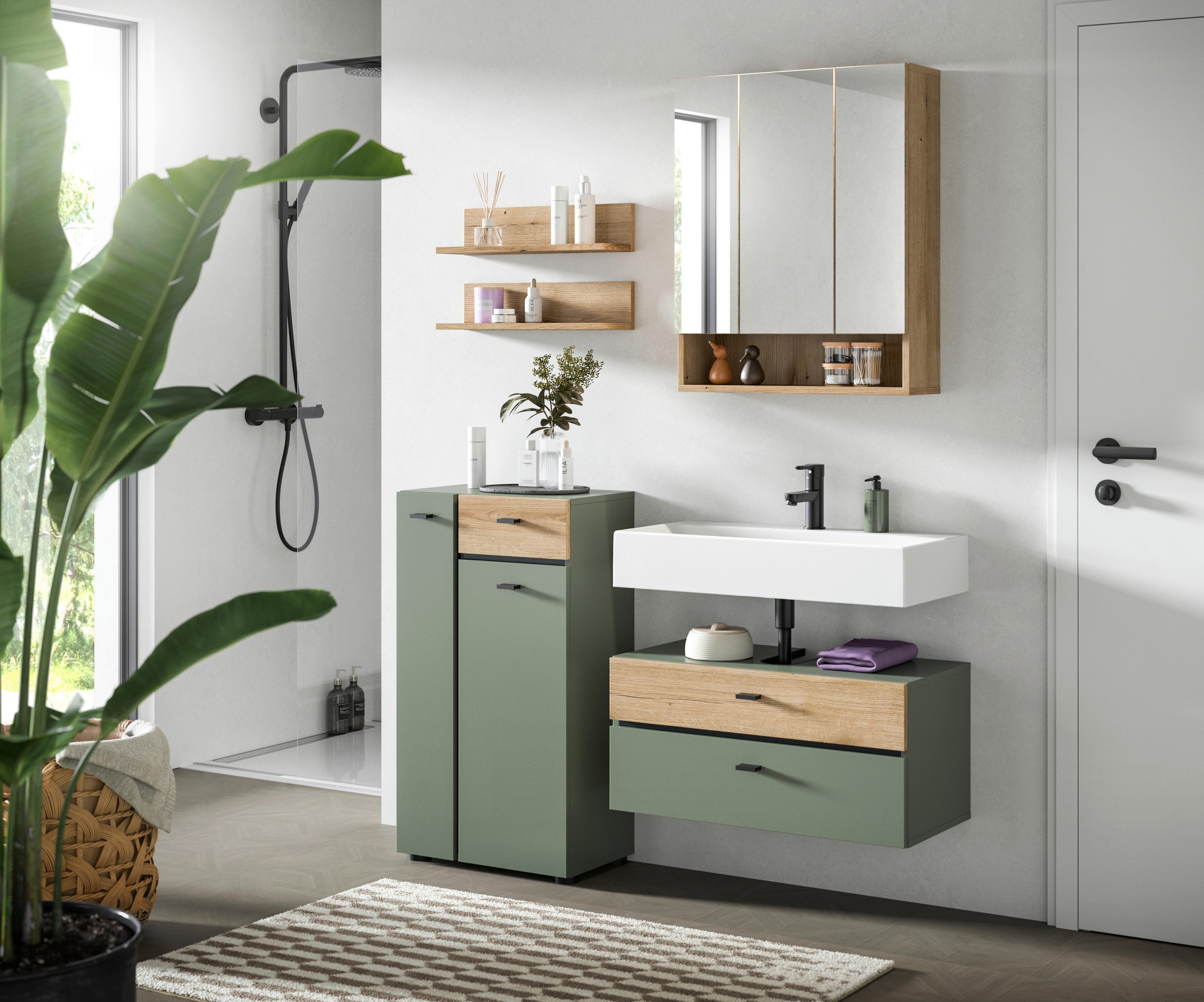 Badezimmer Aqua Grün/Eichefarben 4-teilig - Eichefarben/Schwarz, Trend, Glas/Holzwerkstoff (126cm) - MID.YOU