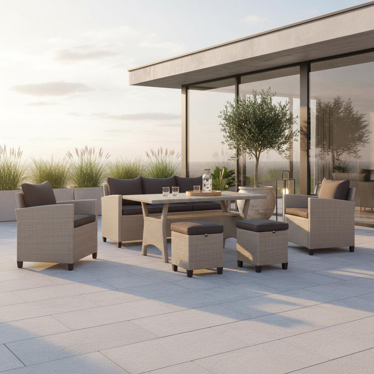 Lounge Garnitura Striano, 6-Delno - temno rjava/naravne barve, Konvencionalno, kovina/umetna masa (172/75/65cm) - Gardenson