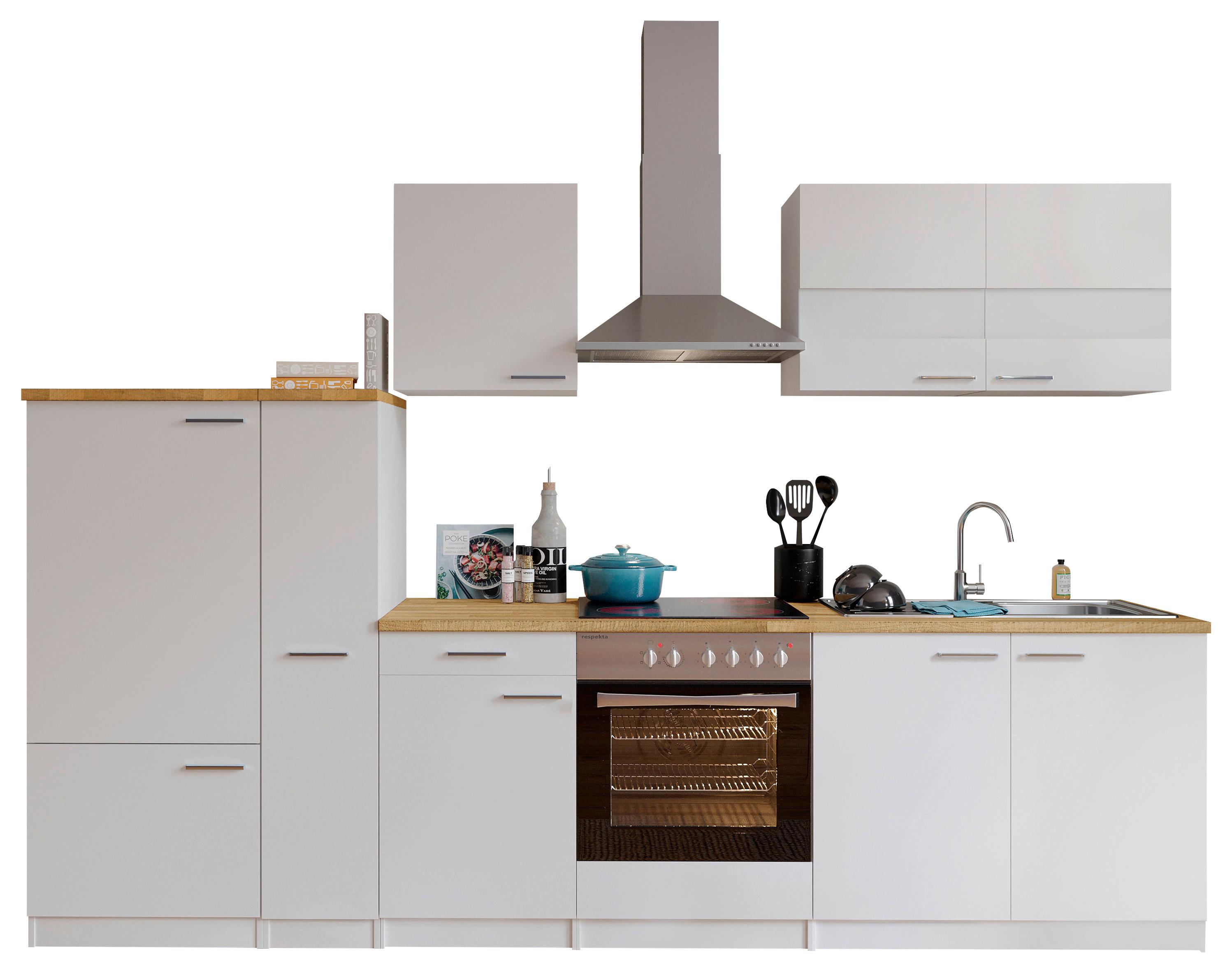 Küchenzeile Economy o. Geräte Weiß/Nussbaum B: ca. 300 cm - Edelstahlfarben/Nussbaumfarben, Basics, Holzwerkstoff/Metall (300cm) - Respekta