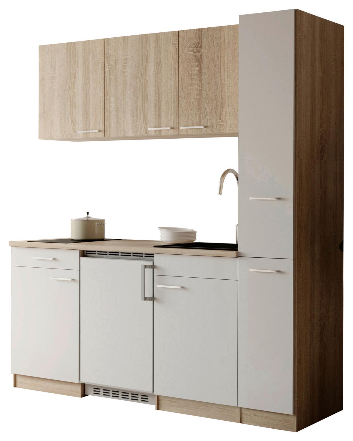 Küchenblock Ingrid m. Geräten Weiß - Eichefarben/Alufarben, Design, Holzwerkstoff/Kunststoff (180cm) - Respekta