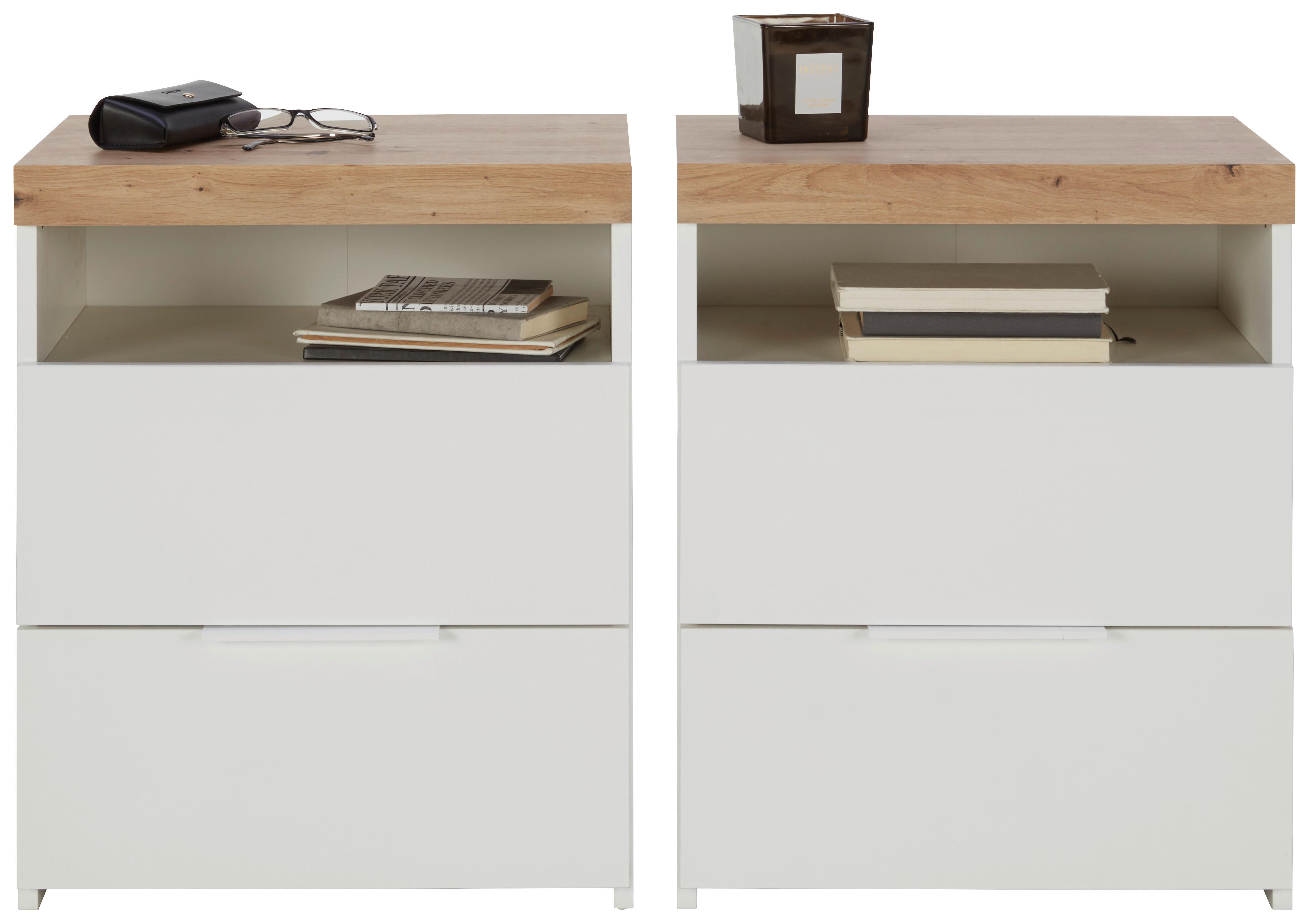 Nachtkästchenset in Weiss/Eiche - Weiss Hochglanz/Weiss, Konventionell, Holzwerkstoff/Metall (50/60/37cm) - Premium Living
