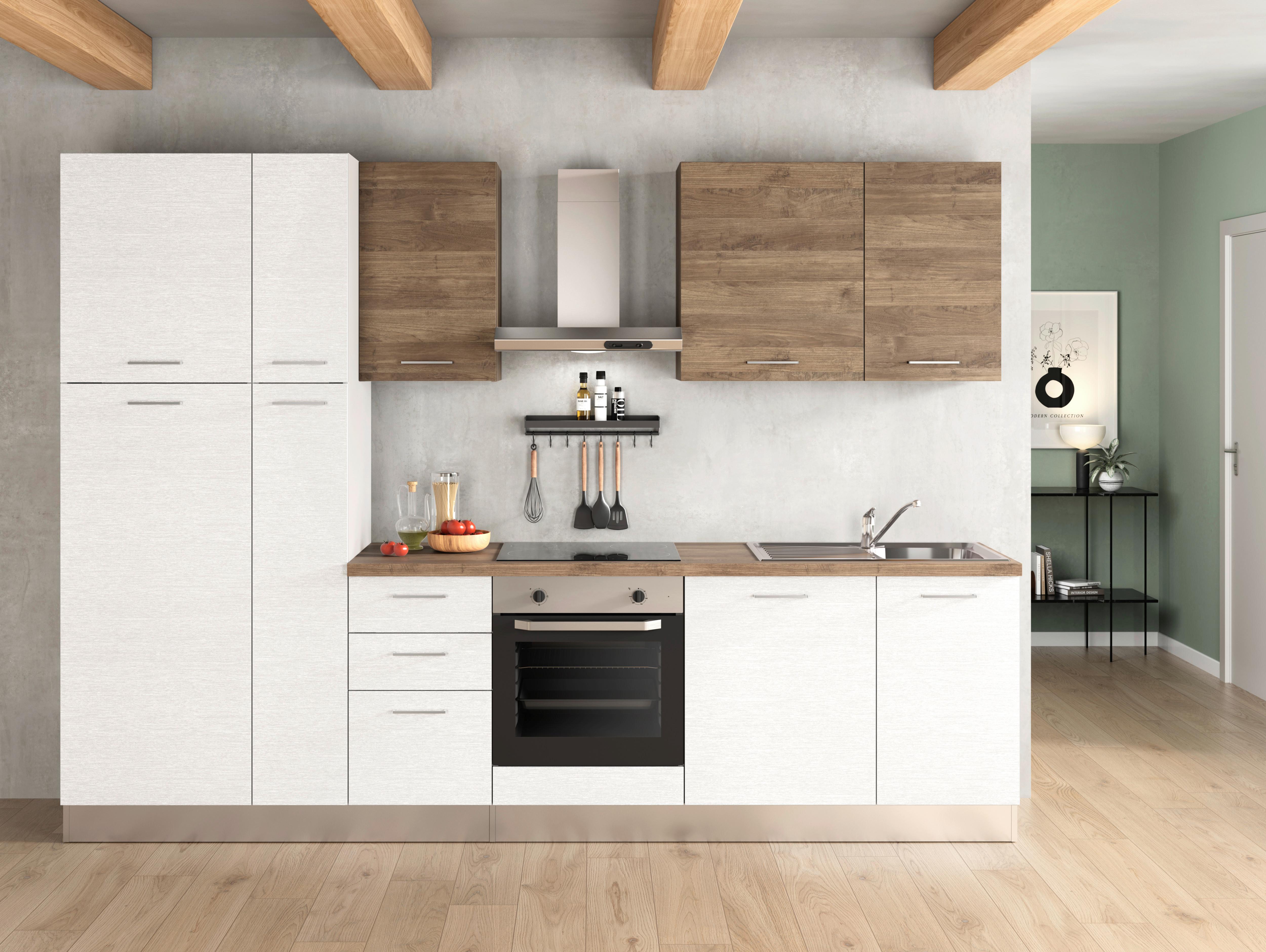 Küchenblock Dafne 300 m. Geräten Weiß/Walnussfarben - Walnussfarben/Alufarben, LIFESTYLE, Holzwerkstoff/Kunststoff (300cm) - MID.YOU