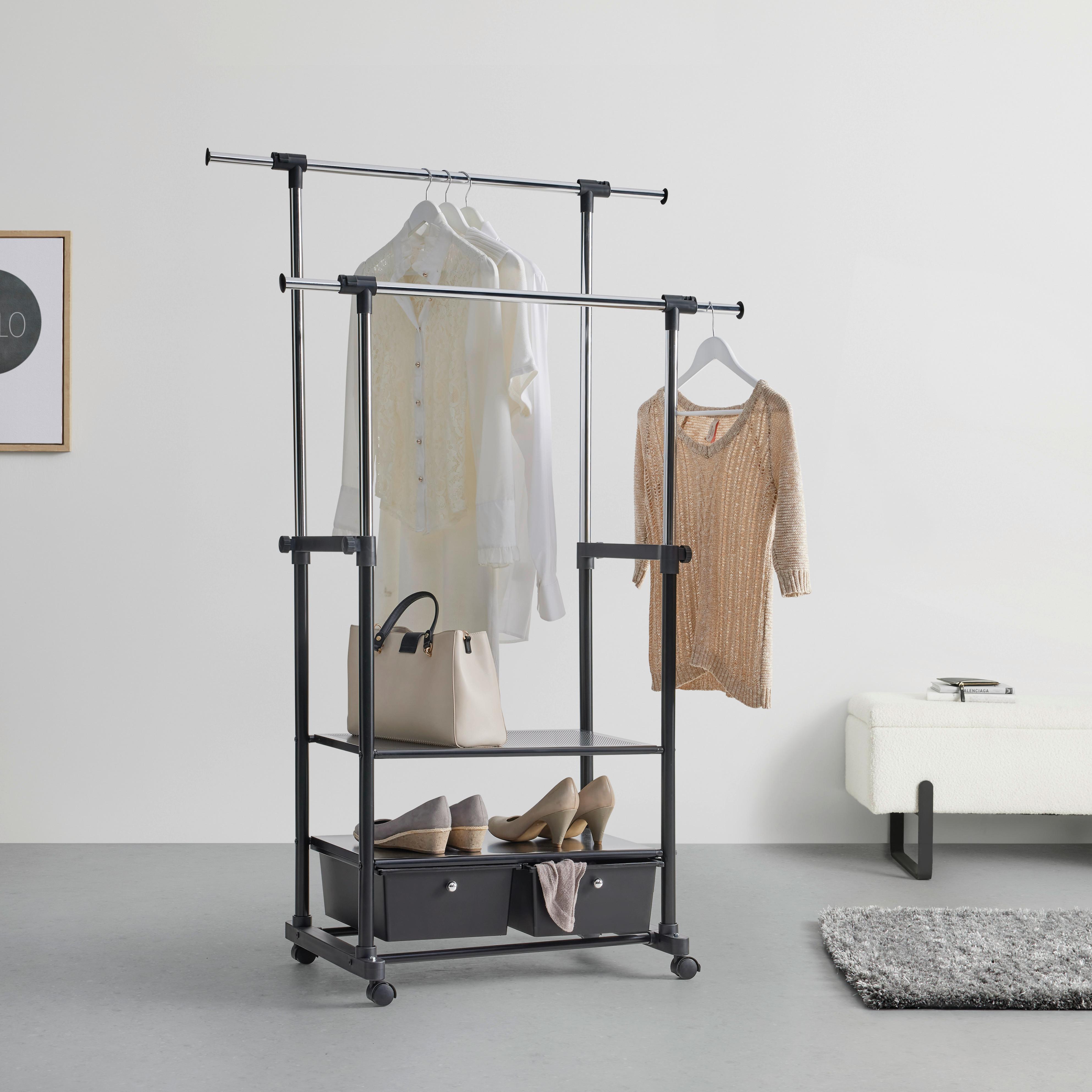 KLÄDSTÄLLNING PÅ HJUL BEN II -SB- - kromfärg/svart, Modern, metall/plast (74-123/127-163/48cm) - Mömax