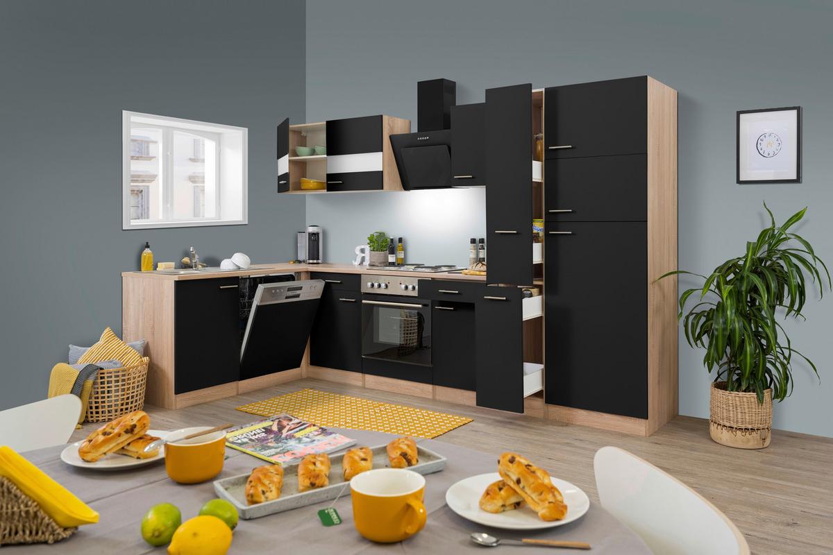 Eckküche Economy Schwarz /Eichefarben ca. 172x310 cm - Edelstahlfarben/Eichefarben, Basics, Glas/Holzwerkstoff (172/310cm) - Respekta